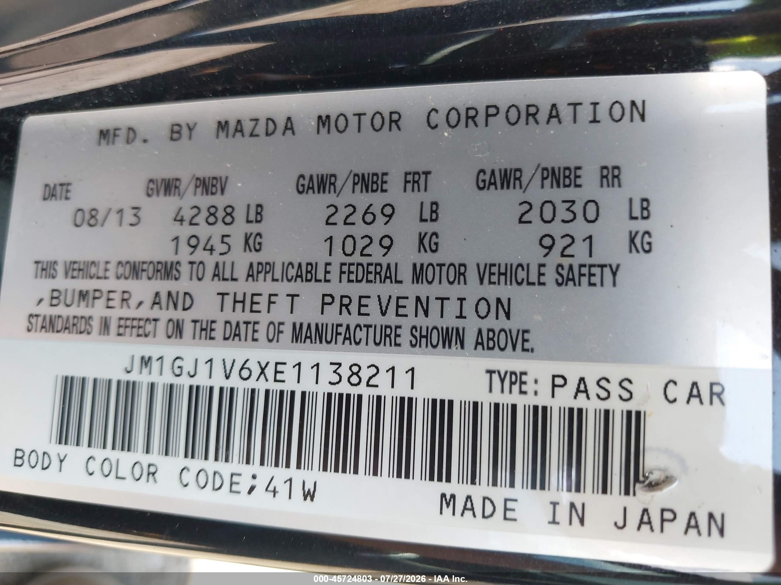 2014 Mazda Mazda6 I Touring Black vin: JM1GJ1V6XE1138211