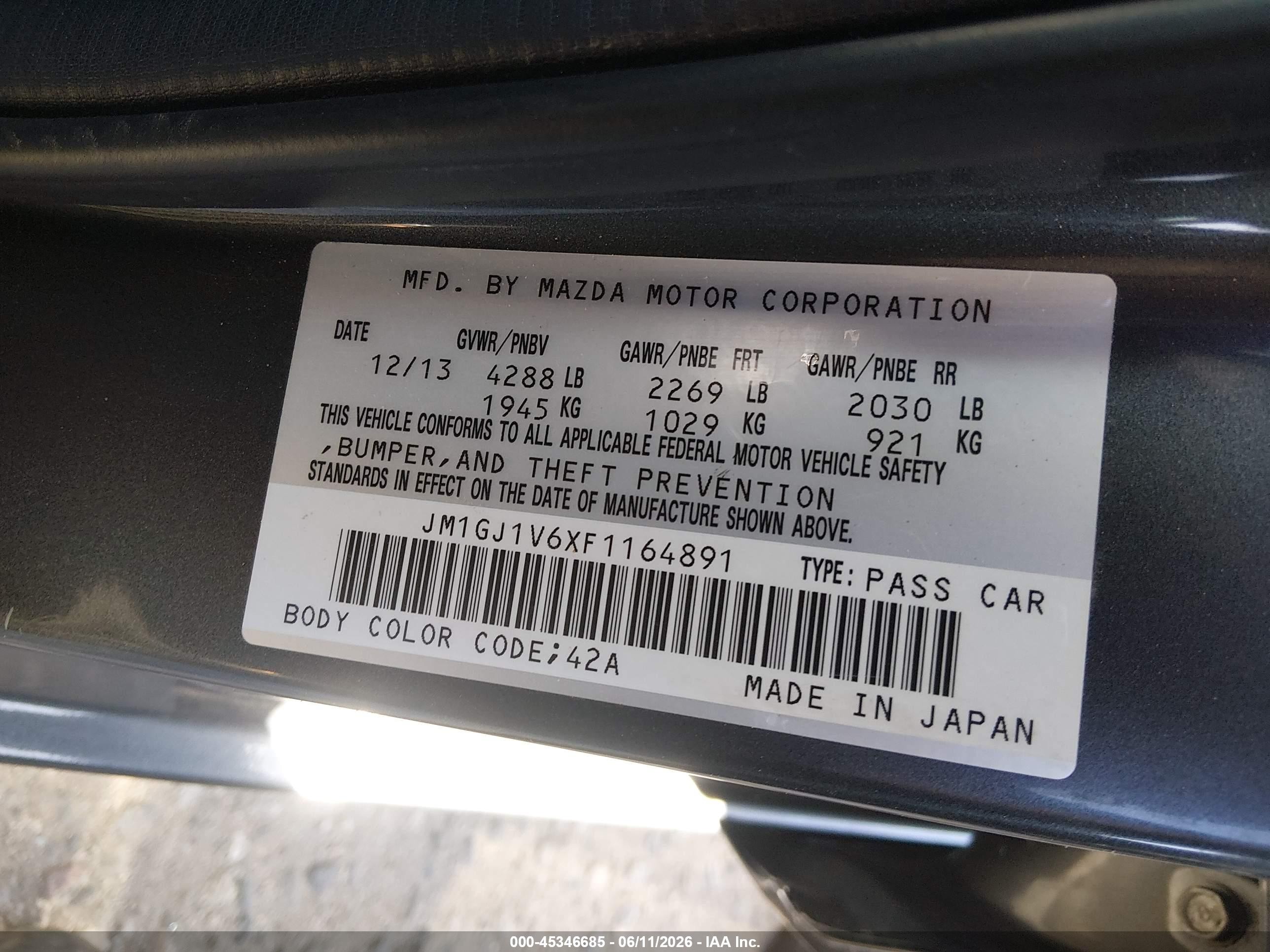 2015 Mazda Mazda6 I Touring Black vin: JM1GJ1V6XF1164891