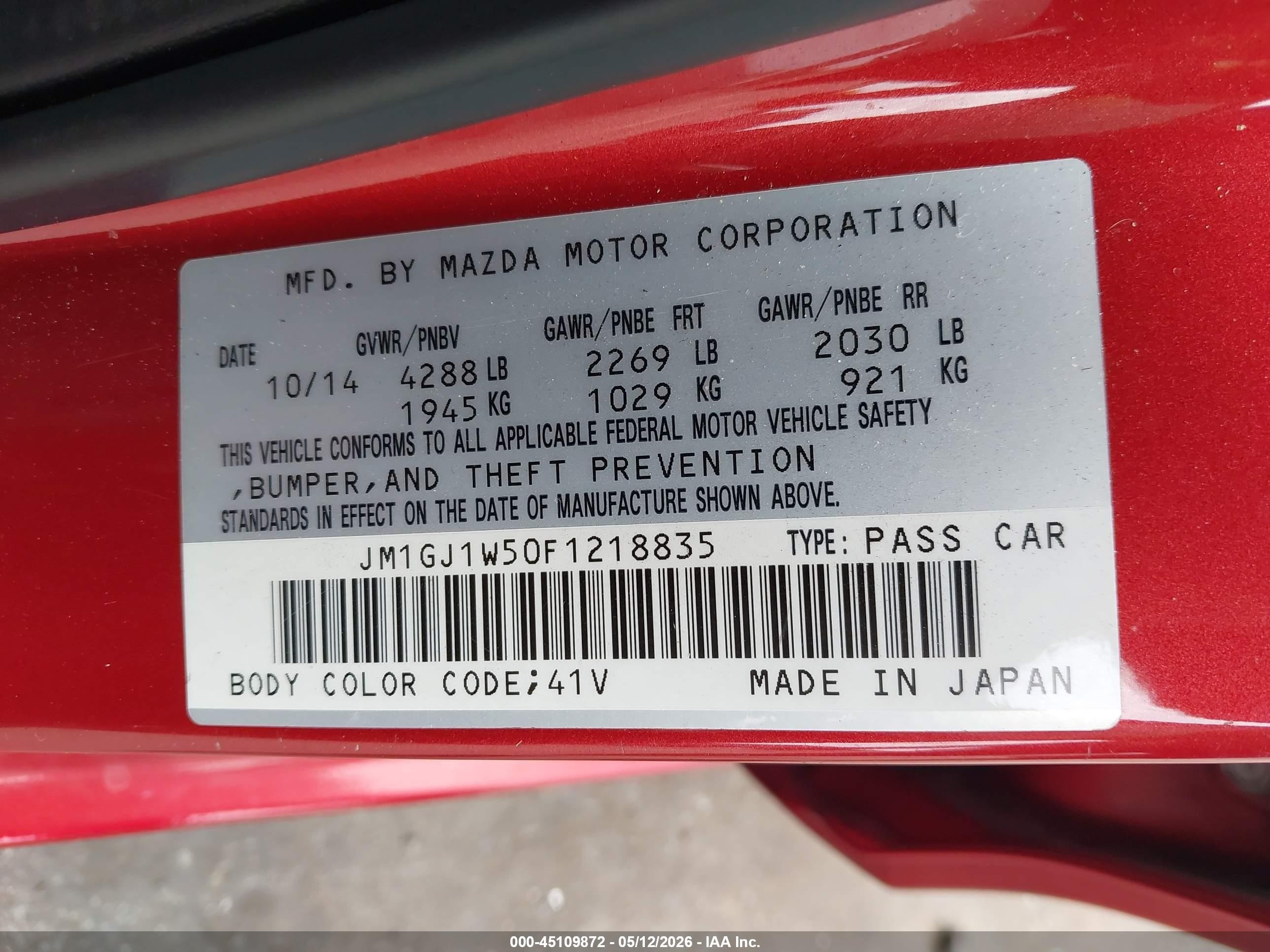 2015 Mazda Mazda6 I Grand Touring Red vin: JM1GJ1W50F1218835