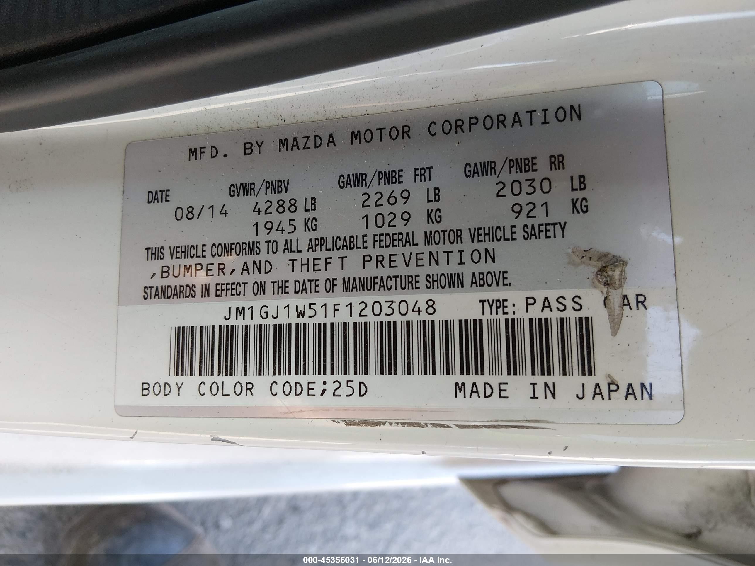 2015 Mazda Mazda6 I Grand Touring White vin: JM1GJ1W51F1203048