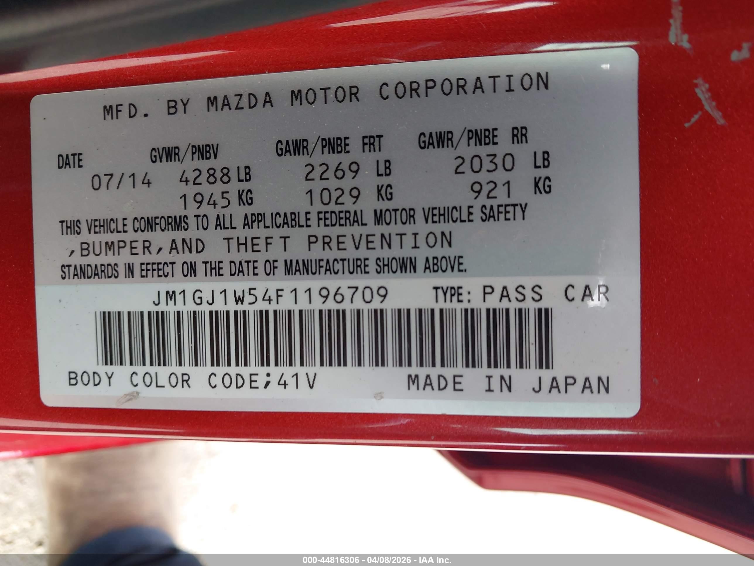 2015 Mazda Mazda6 I Grand Touring Red vin: JM1GJ1W54F1196709