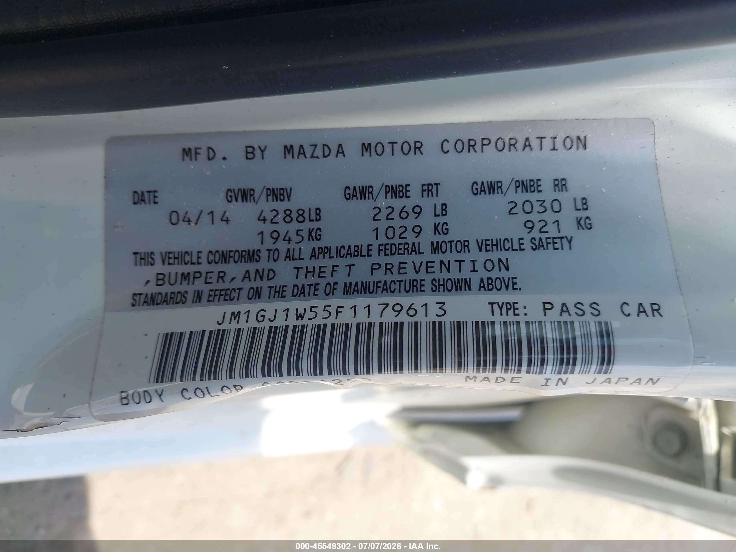 2015 Mazda Mazda6 I Grand Touring White vin: JM1GJ1W55F1179613