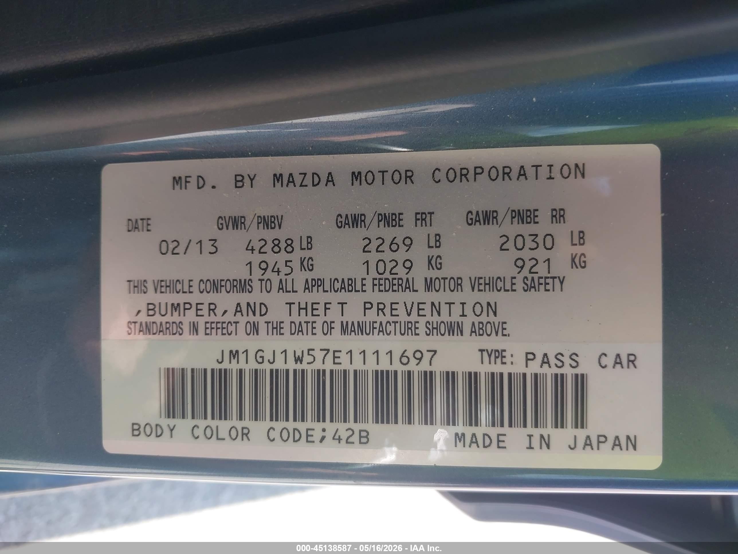 2014 Mazda Mazda6 I Grand Touring Light Blue vin: JM1GJ1W57E1111697