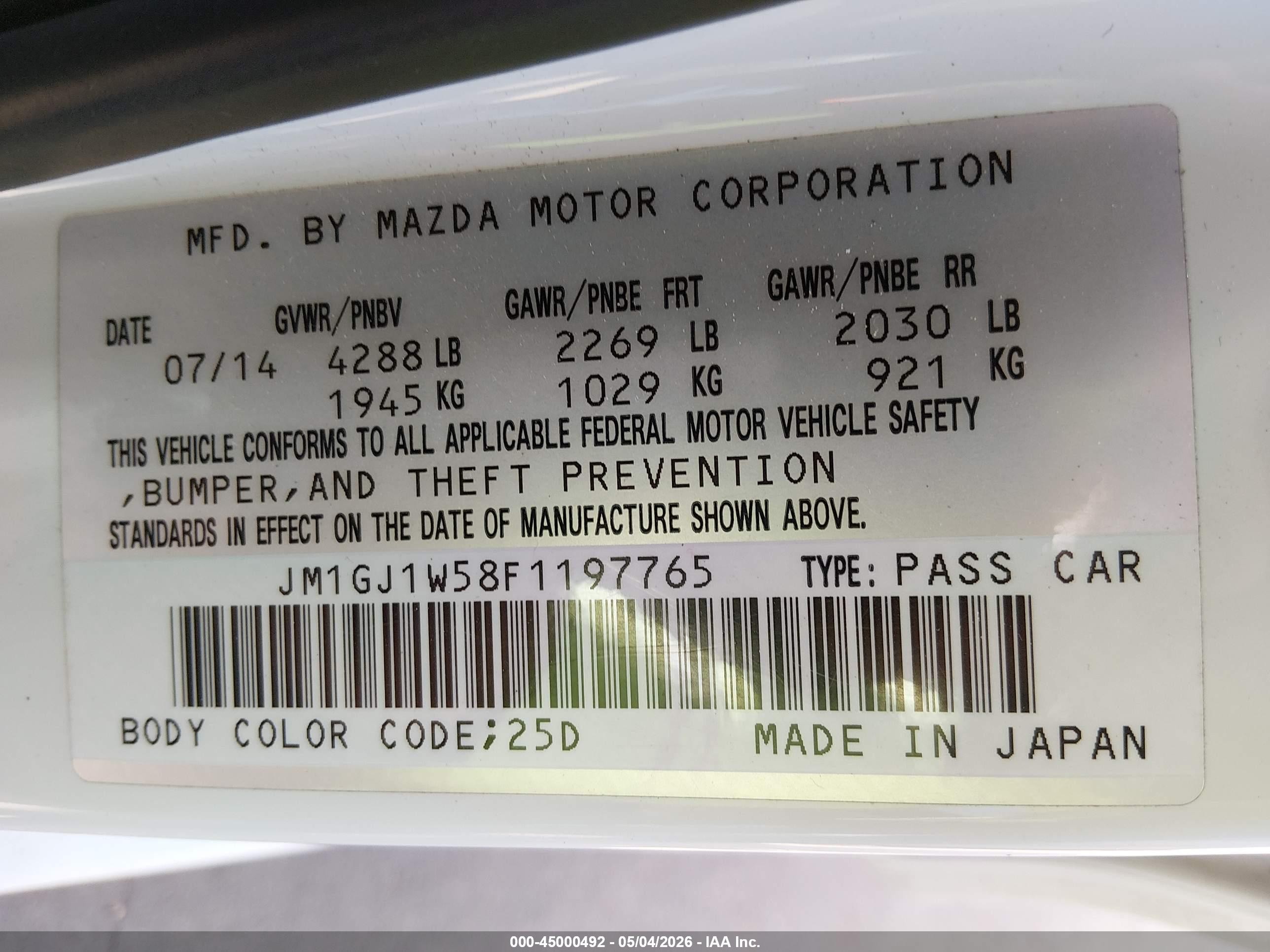 2015 Mazda Mazda6 I Grand Touring White vin: JM1GJ1W58F1197765