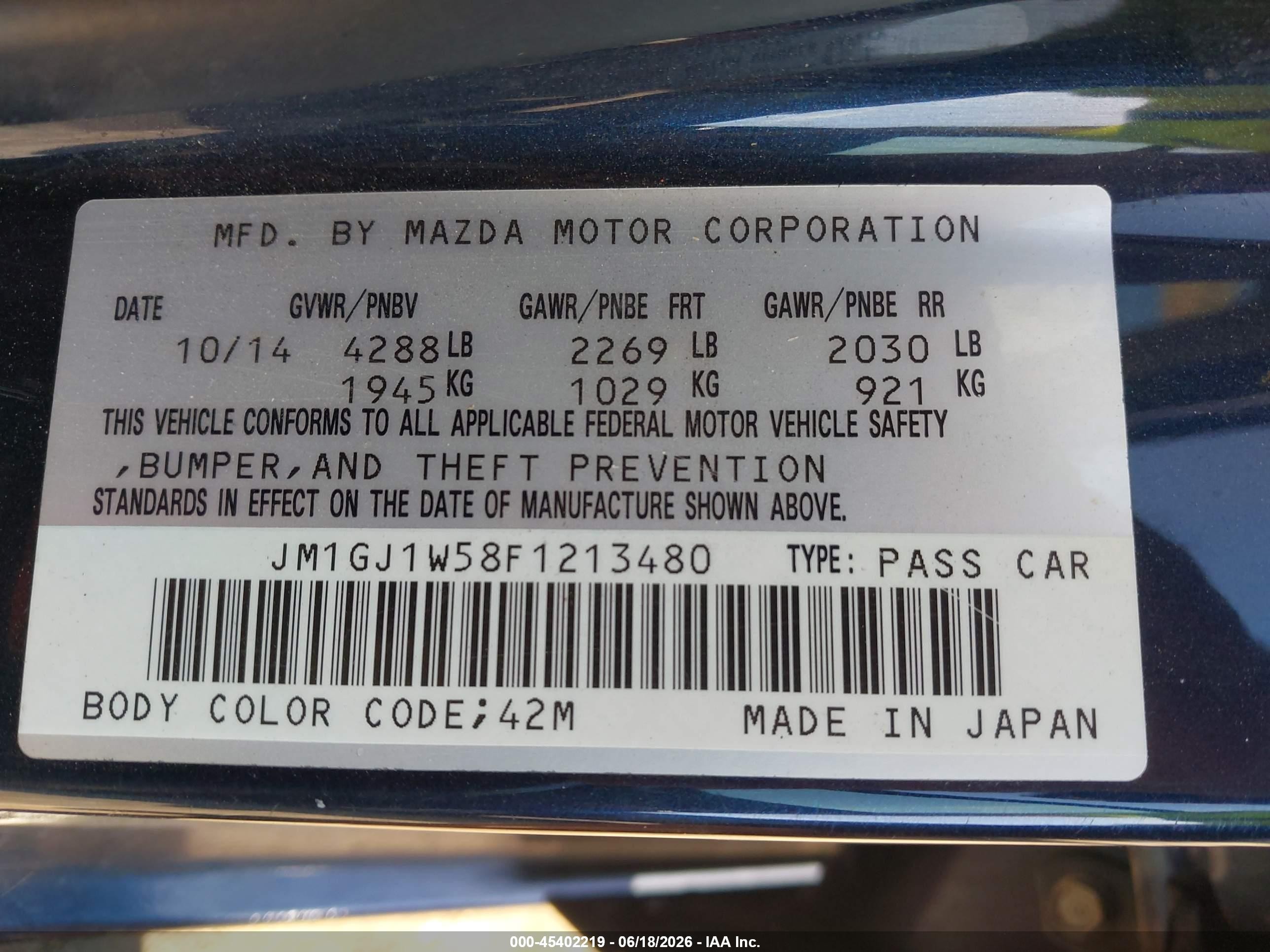 2015 Mazda Mazda6 I Grand Touring Dark Blue vin: JM1GJ1W58F1213480