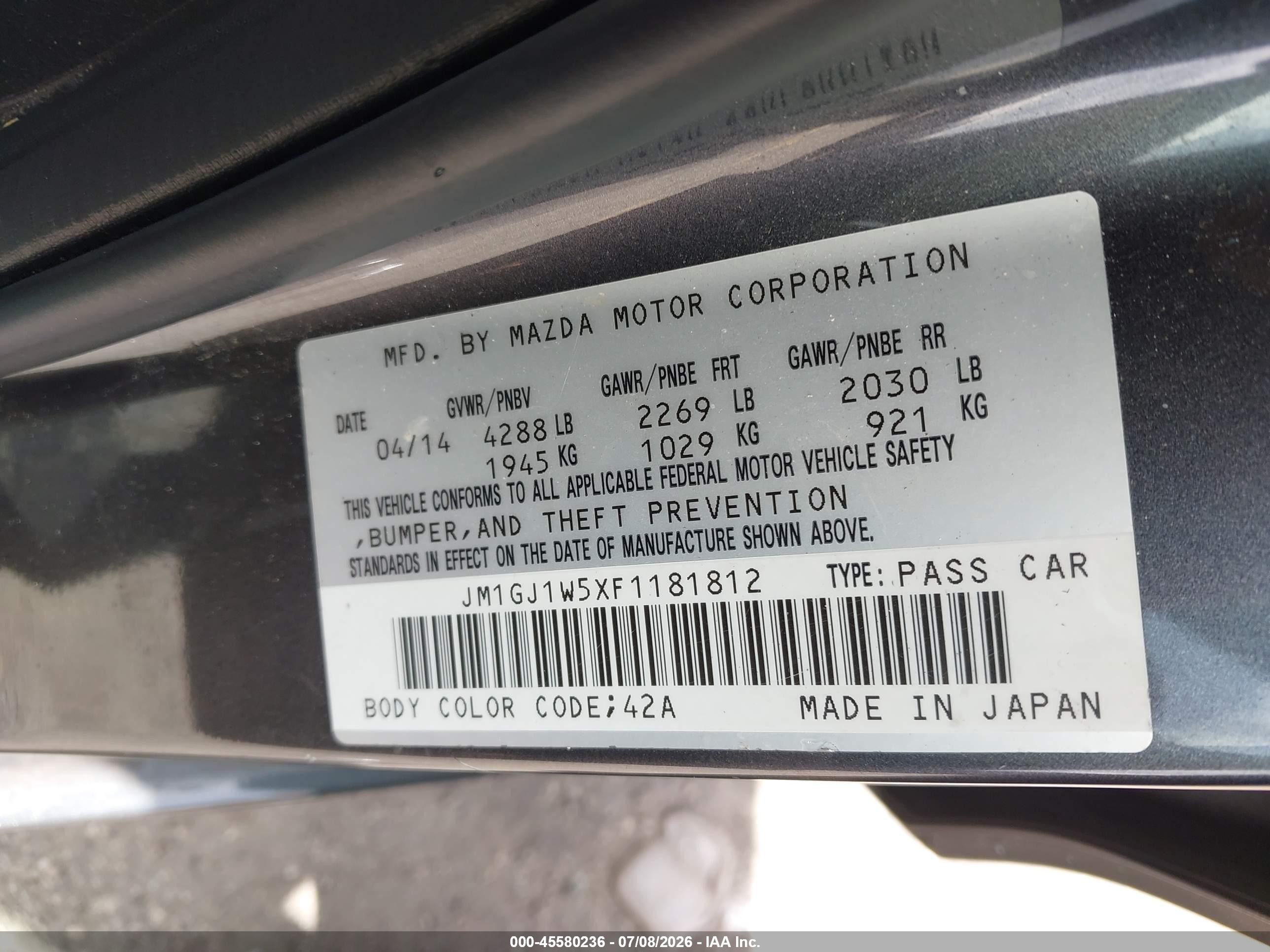 2015 Mazda Mazda6 I Grand Touring Gray vin: JM1GJ1W5XF1181812