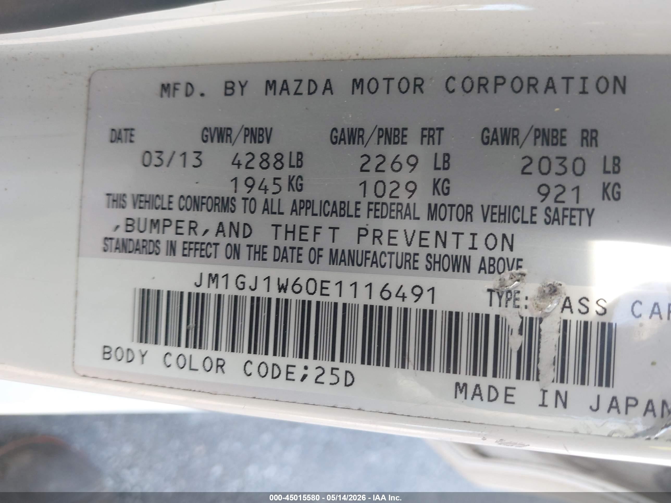 2014 Mazda Mazda6 I Grand Touring White vin: JM1GJ1W60E1116491