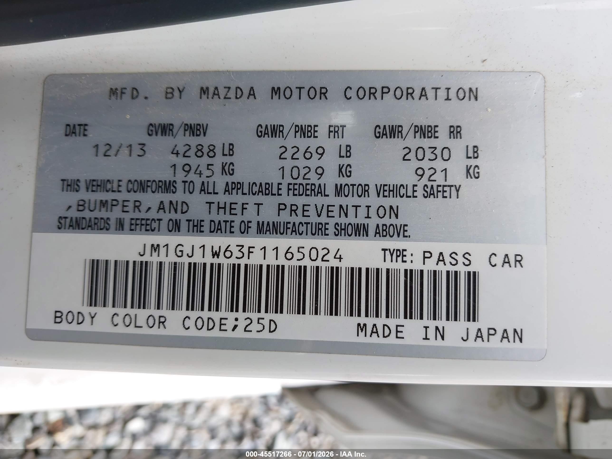 2015 Mazda Mazda6 I Grand Touring White vin: JM1GJ1W63F1165024