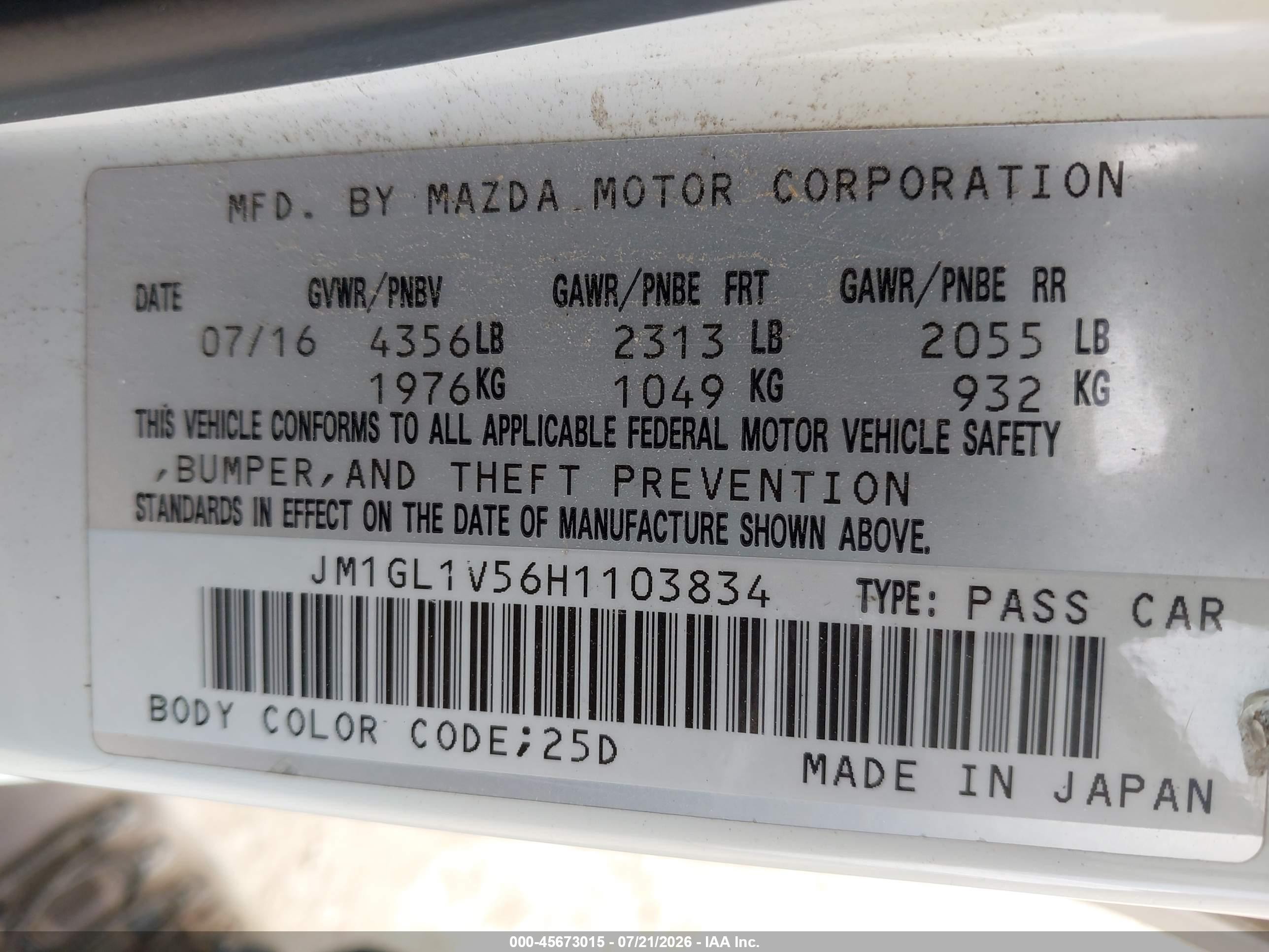 2017 Mazda Mazda6 Touring White vin: JM1GL1V56H1103834