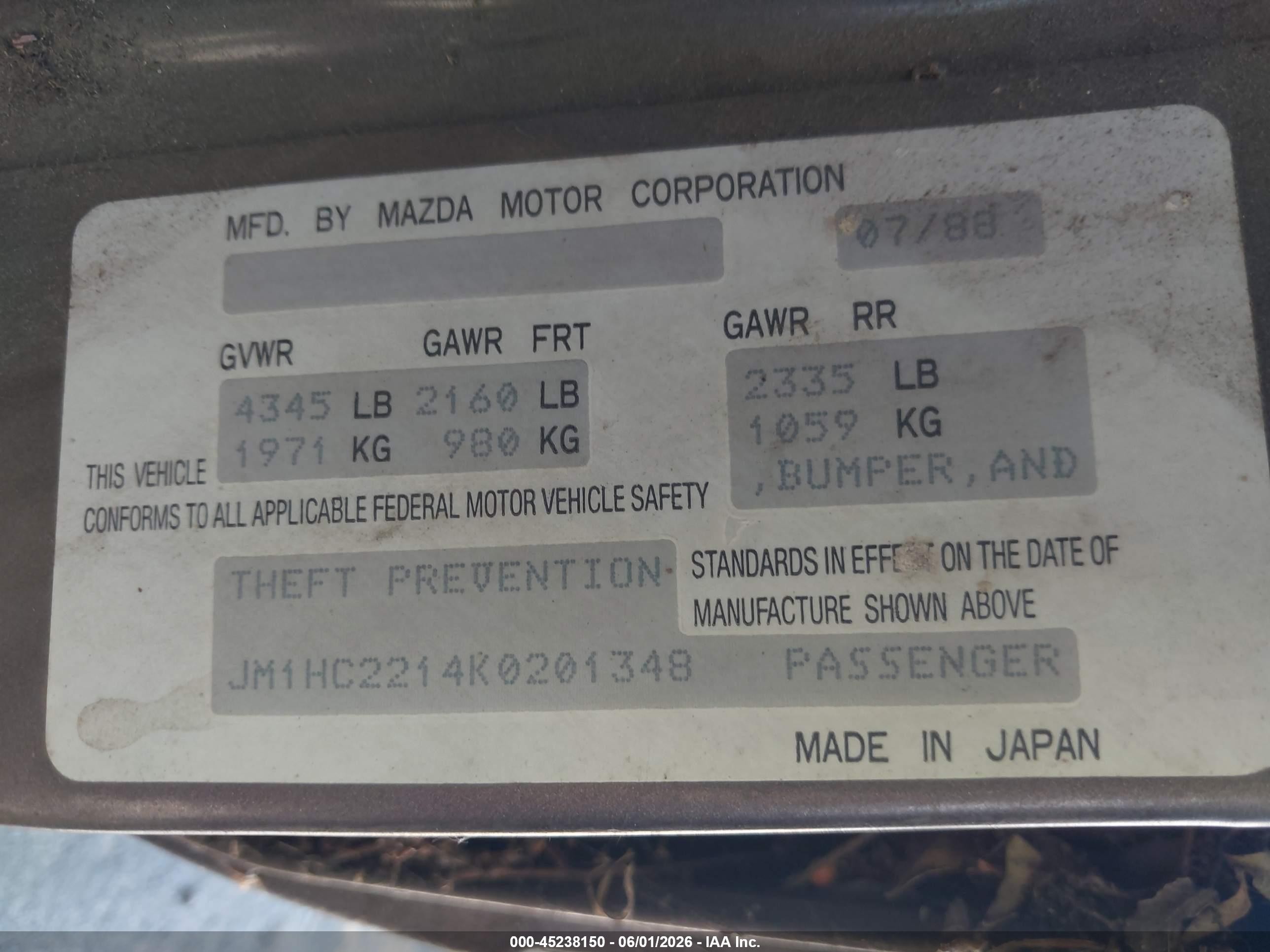 1989 Mazda 929   Brown vin: JM1HC2214K0201348