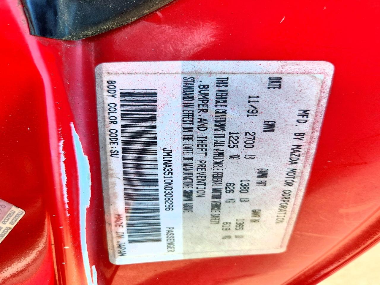 1992 Mazda Mx-5 Miata Red vin: JM1NA3510N0308296