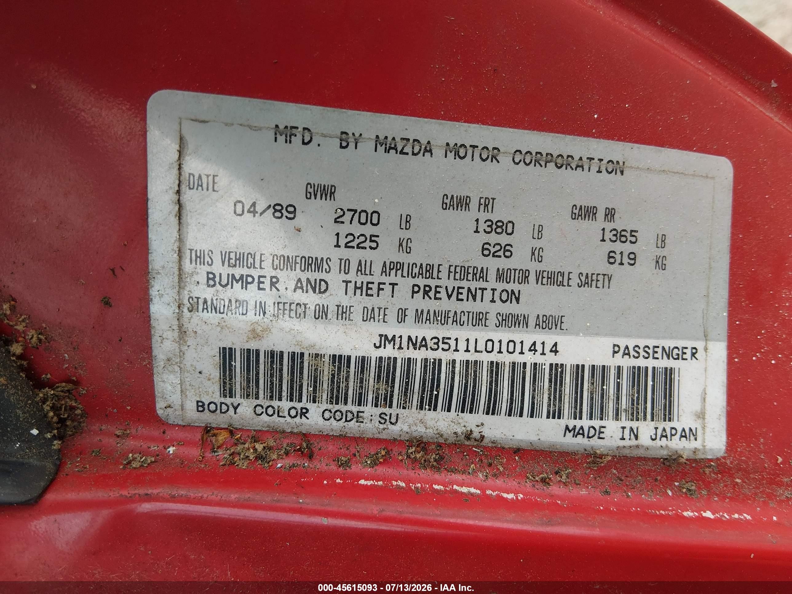 1990 Mazda Mx-5 Miata   Red vin: JM1NA3511L0101414