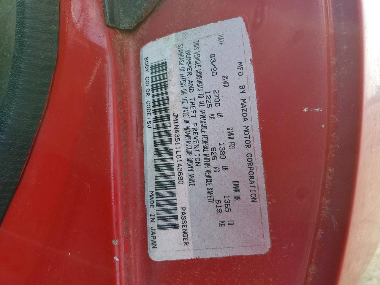 1990 Mazda Mx-5 Miata Red vin: JM1NA3511L0143680