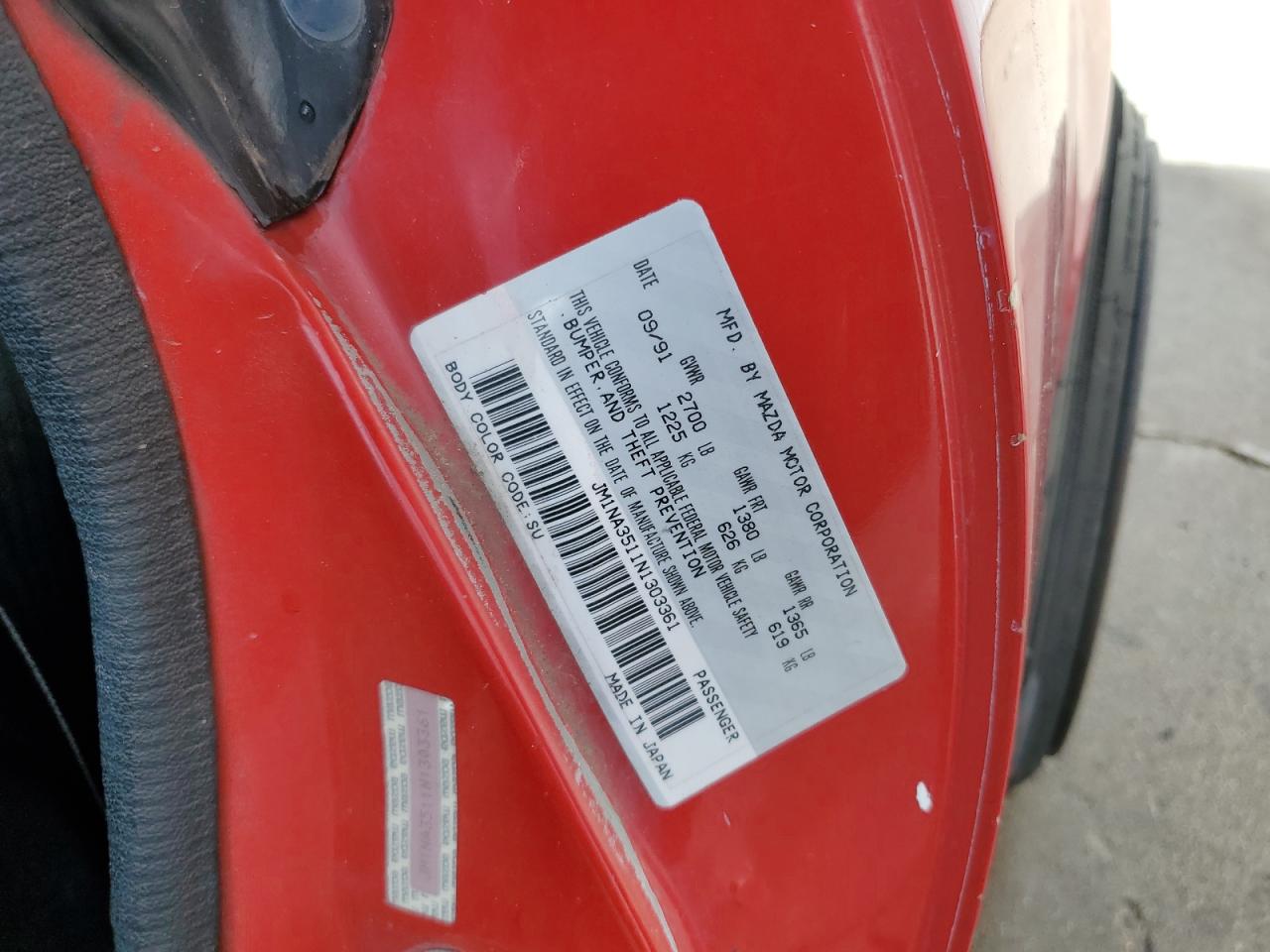 1992 Mazda Mx-5 Miata Red vin: JM1NA3511N1303361