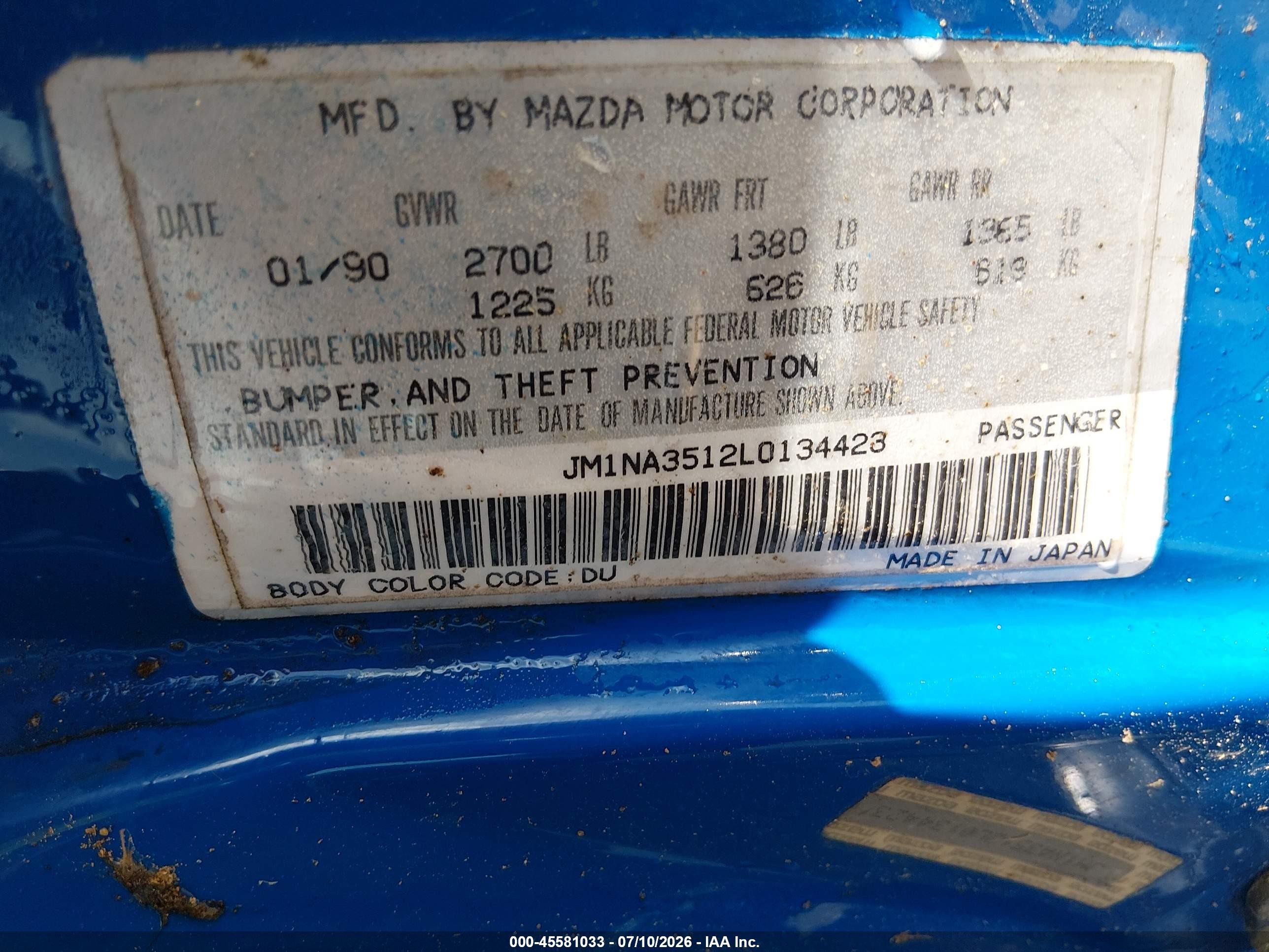 1990 Mazda Mx-5 Miata   Blue vin: JM1NA3512L0134423
