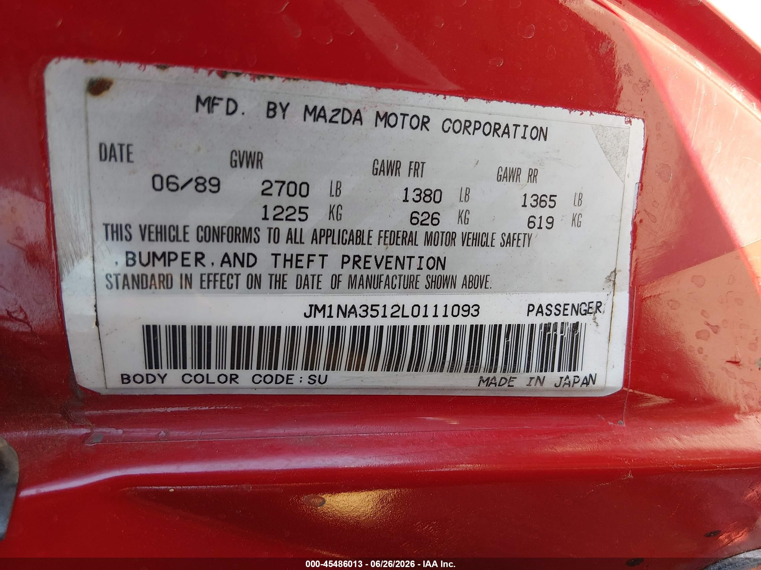 1993 Mazda Mx-5 Miata   Красный vin: JM1NA3512P0412999