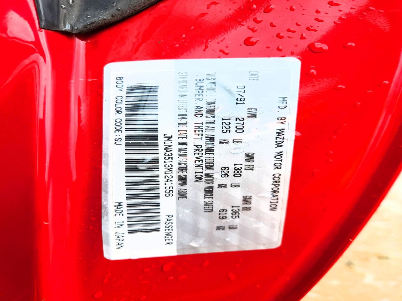 1991 Mazda Mx-5 Miata Red vin: JM1NA3513M1241556