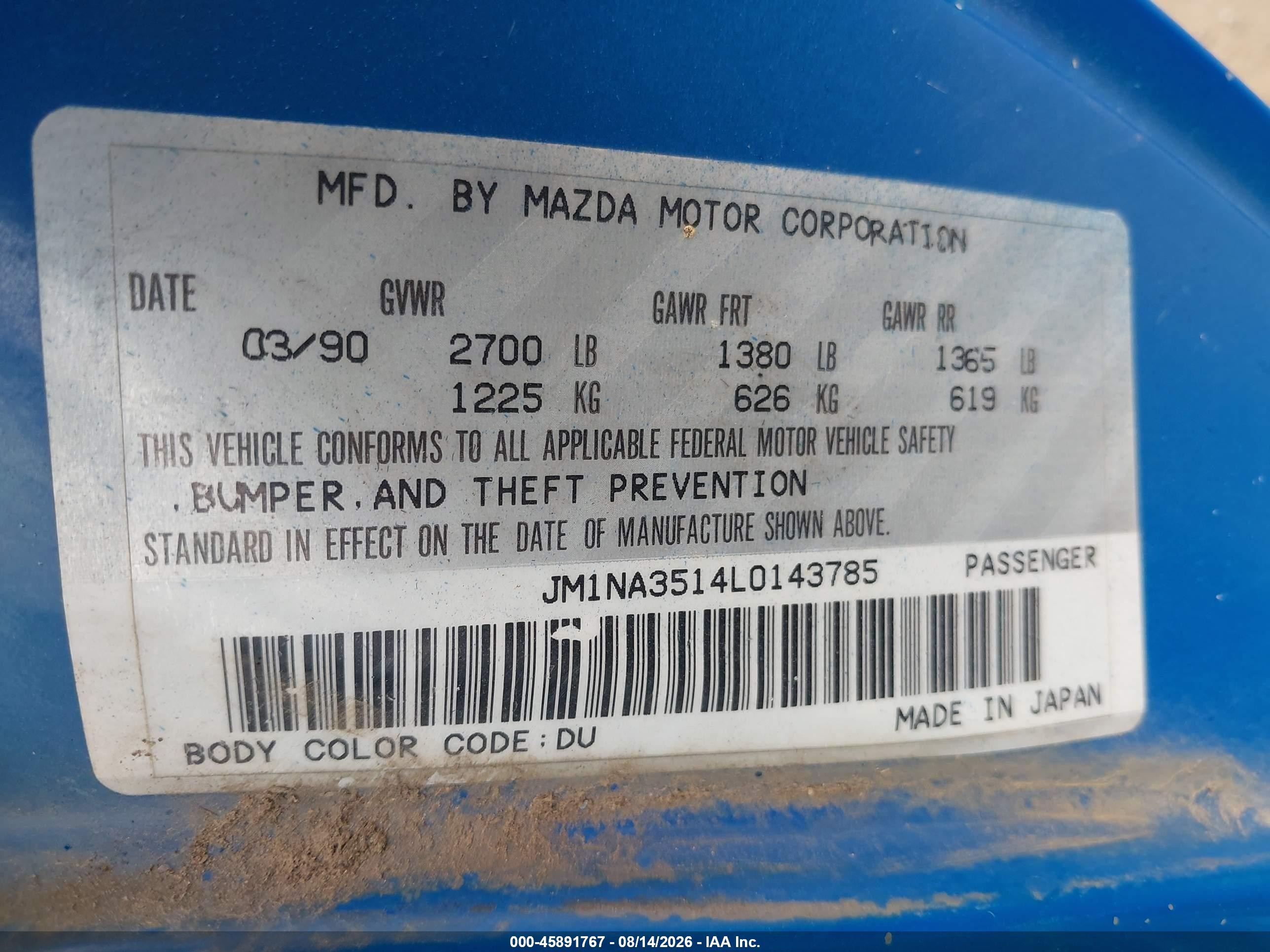 1990 Mazda Mx-5 Miata   Blue vin: JM1NA3514L0143785