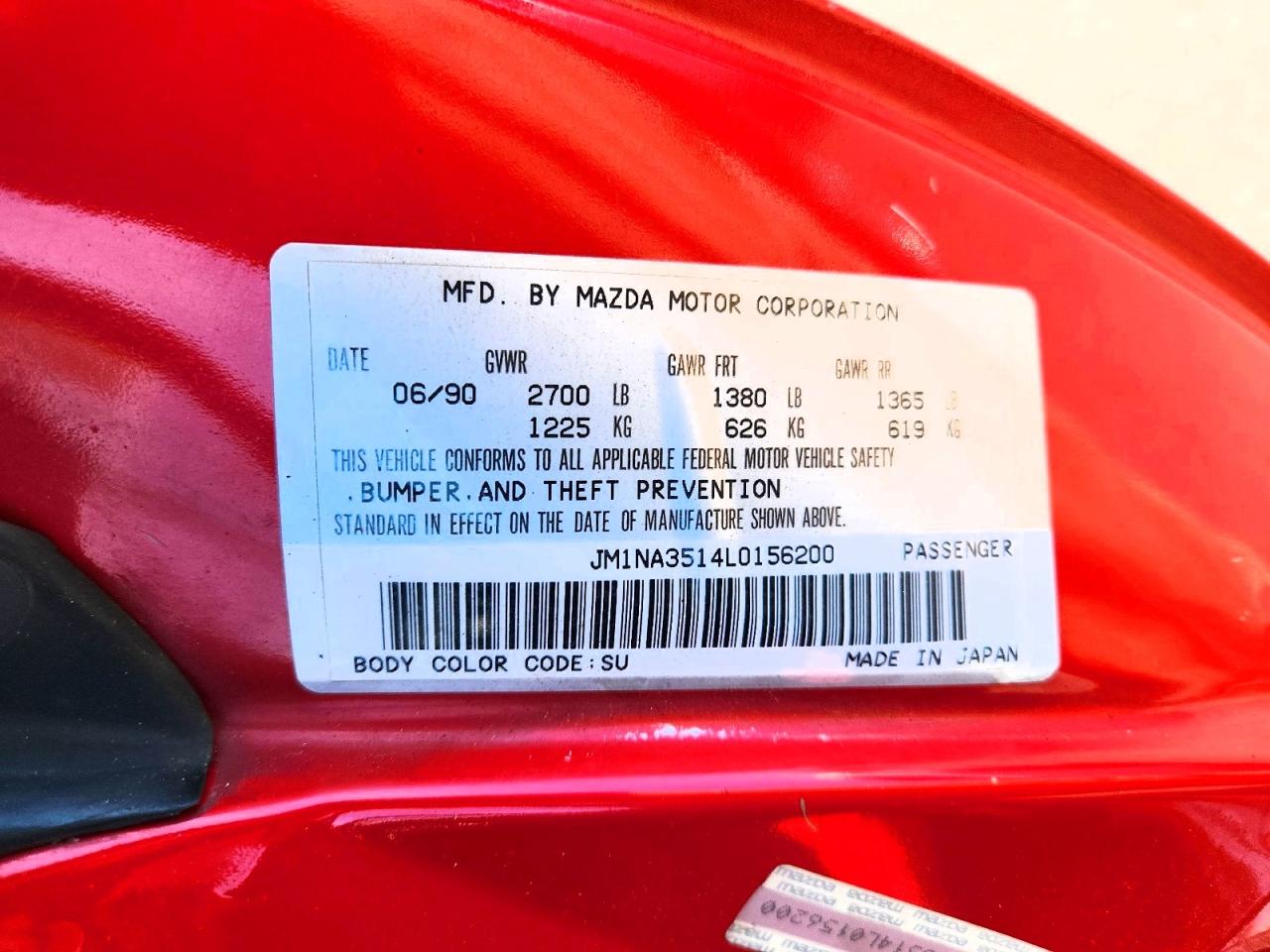 1990 Mazda Mx-5 Miata Red vin: JM1NA3514L0156200