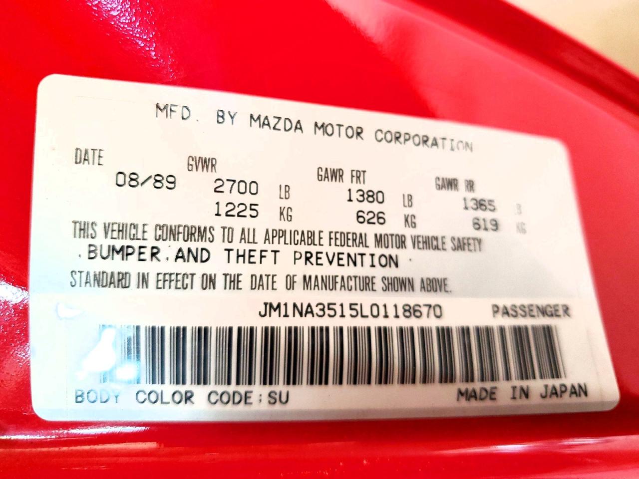 1990 Mazda Mx-5 Miata Red vin: JM1NA3515L0118670