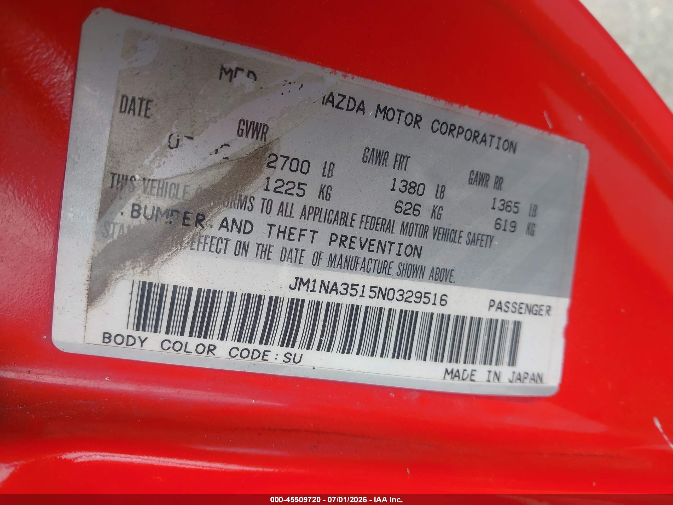 1992 Mazda Mx-5 Miata   Red vin: JM1NA3515N0329516