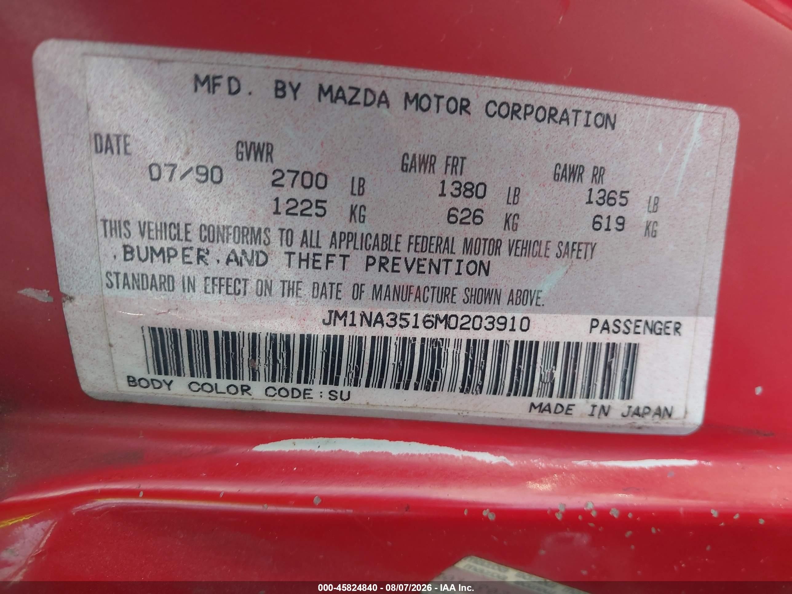 1991 Mazda Mx-5 Miata Red vin: JM1NA3516M0203910