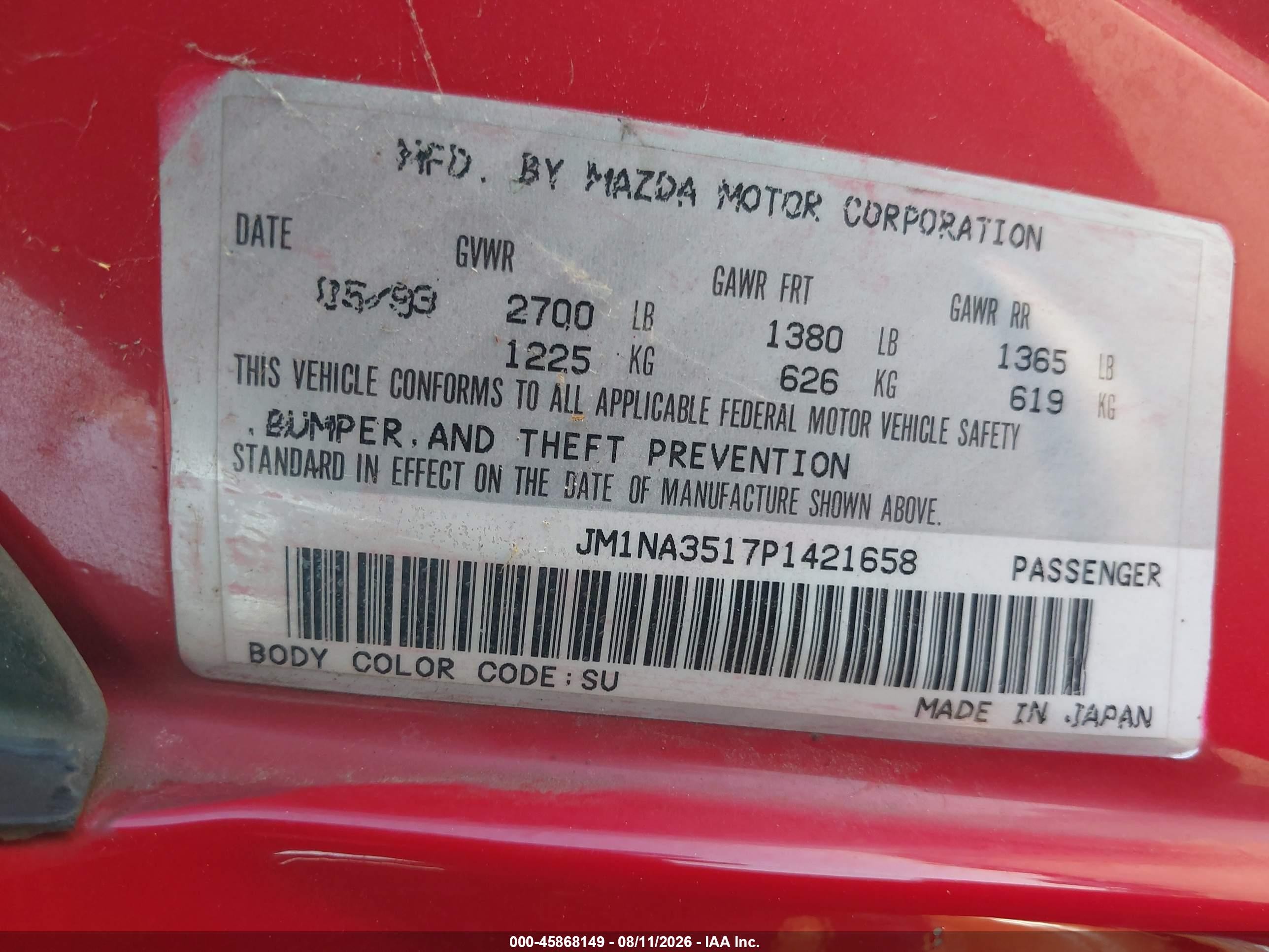 1993 Mazda Mx-5 Miata   Red vin: JM1NA3517P1421658