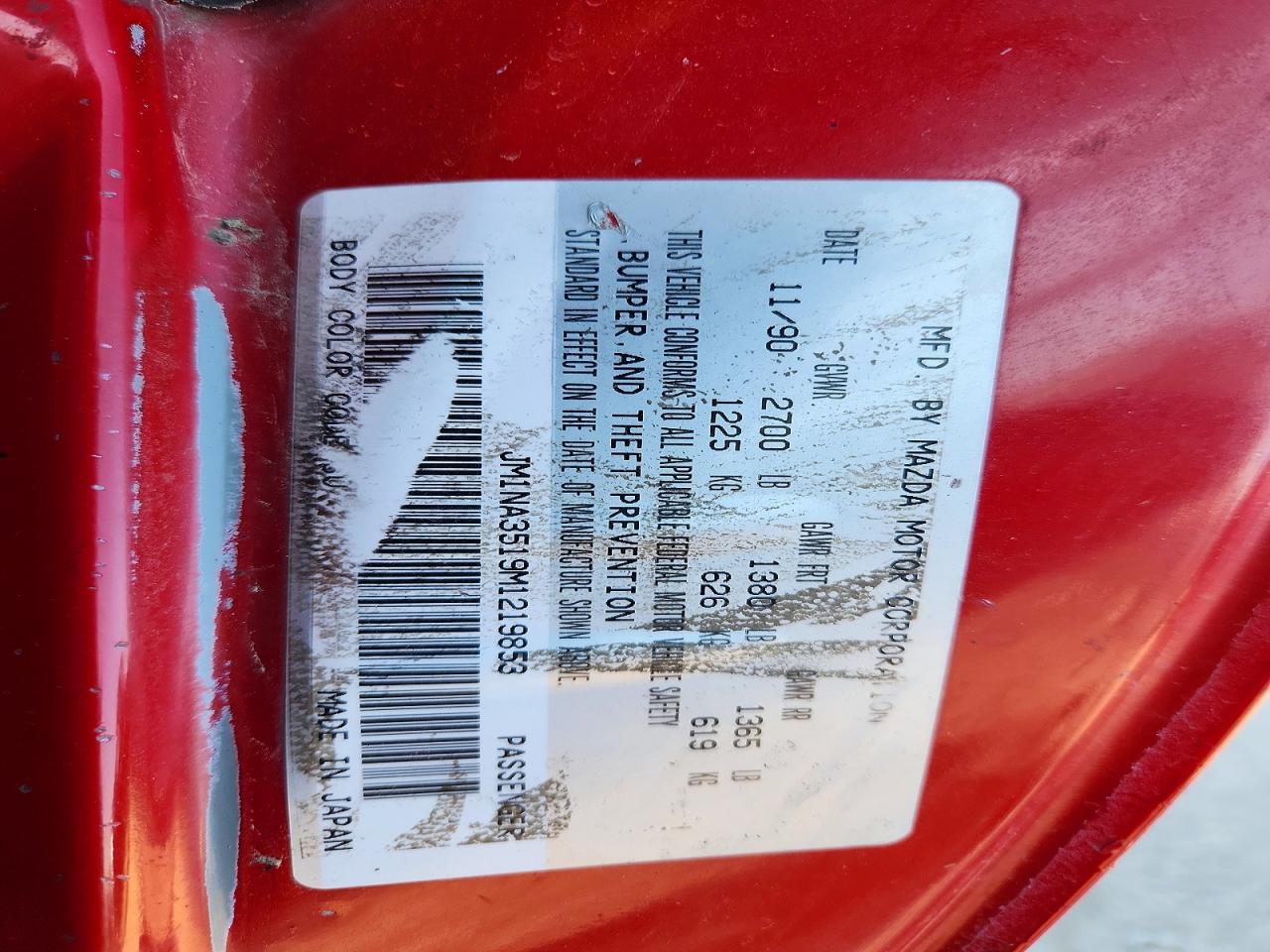 1991 Mazda Mx-5 Miata Red vin: JM1NA3519M1219853
