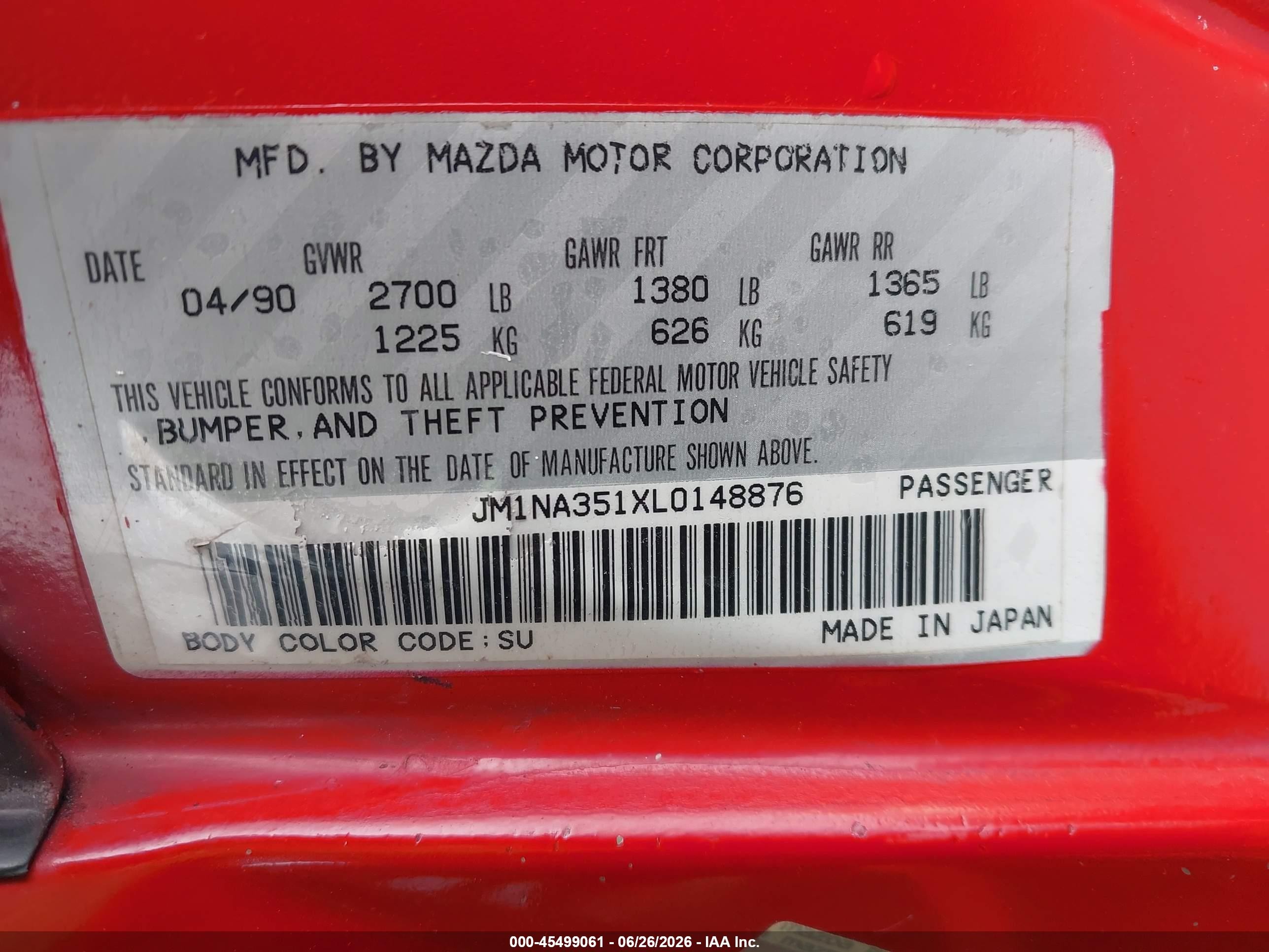 1990 Mazda Mx-5 Miata   Red vin: JM1NA351XL0148876