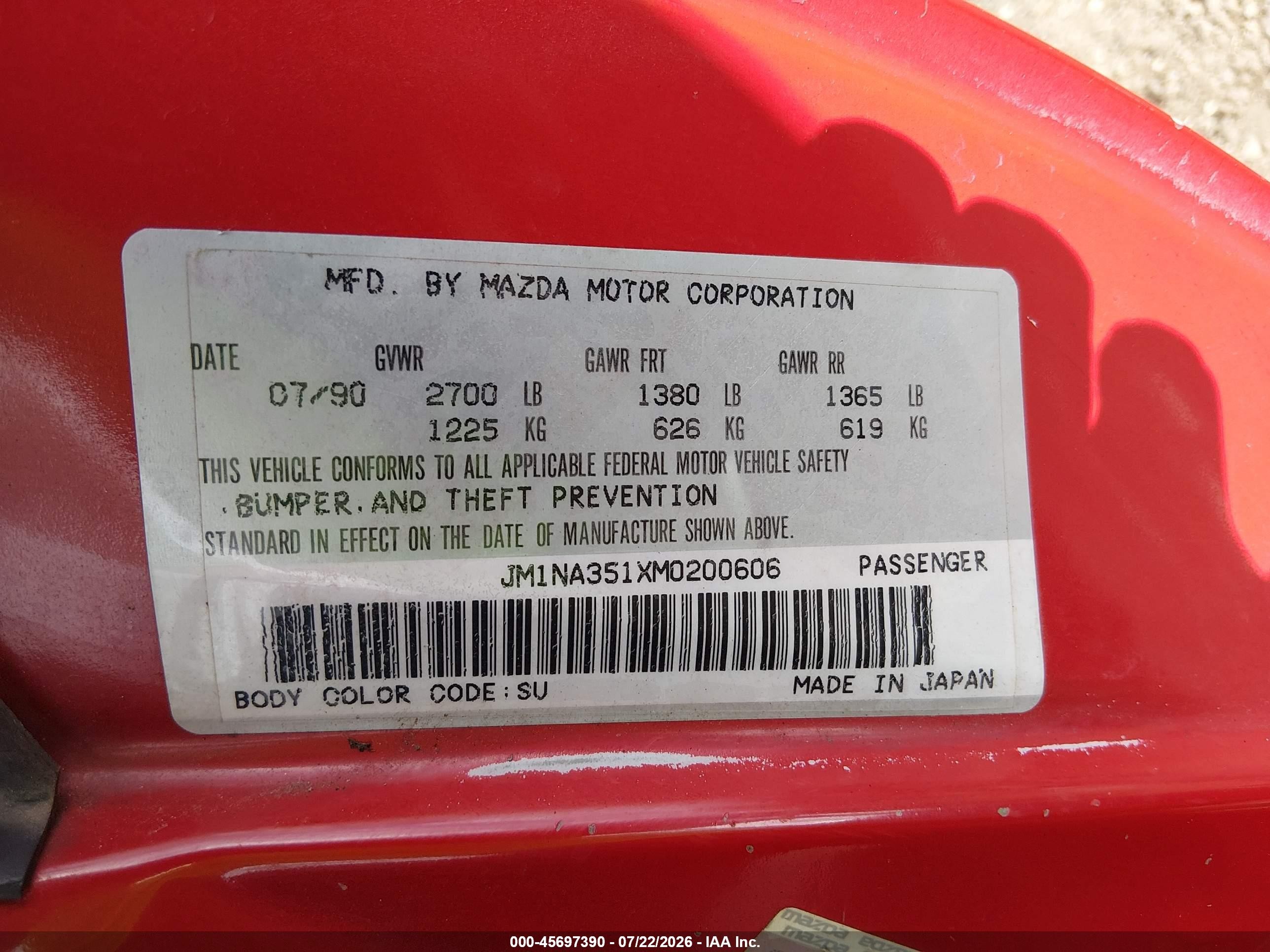 1991 Mazda Mx-5 Miata   Red vin: JM1NA351XM0200606