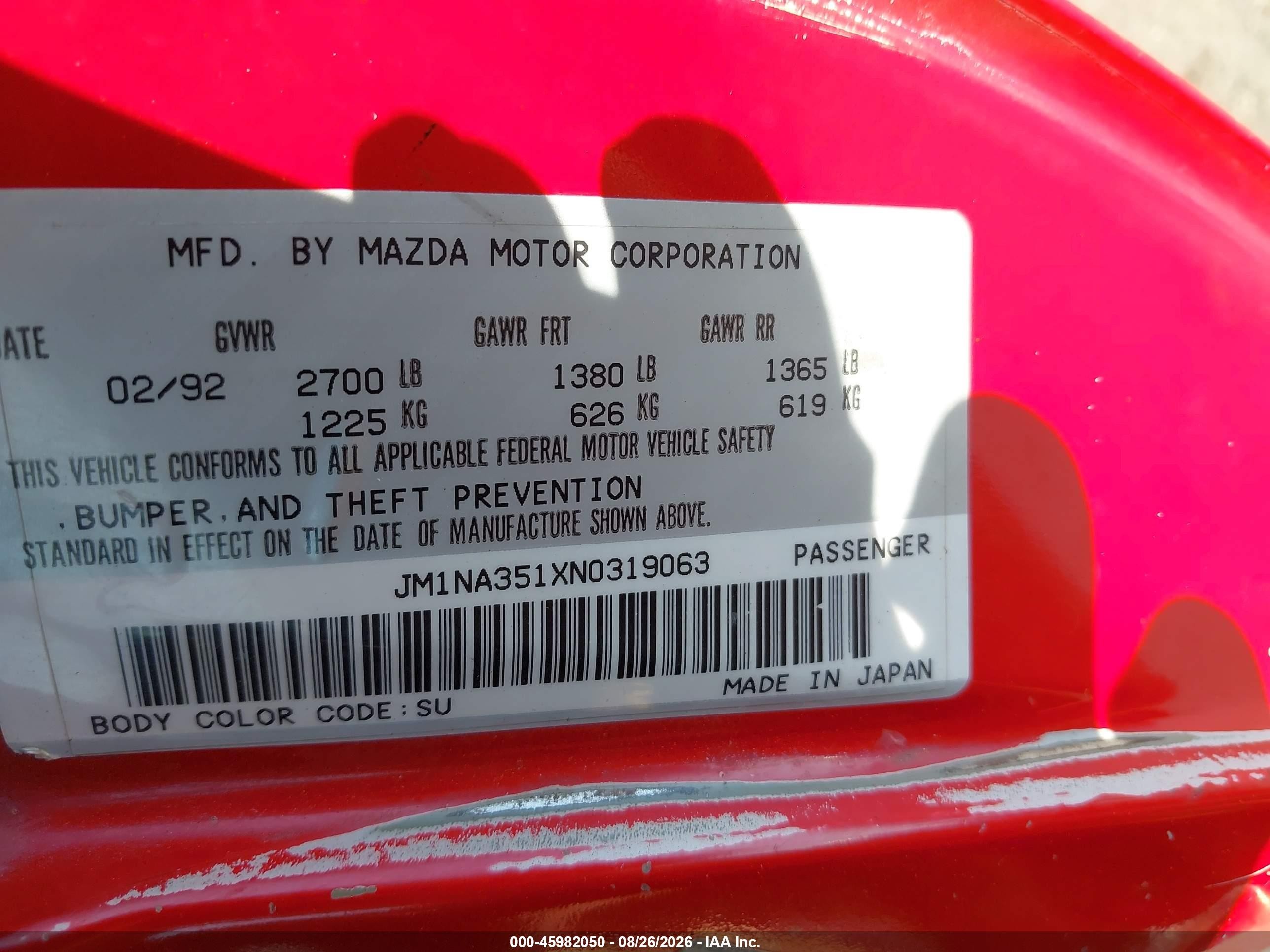 1992 Mazda Mx-5 Miata Red vin: JM1NA351XN0319063