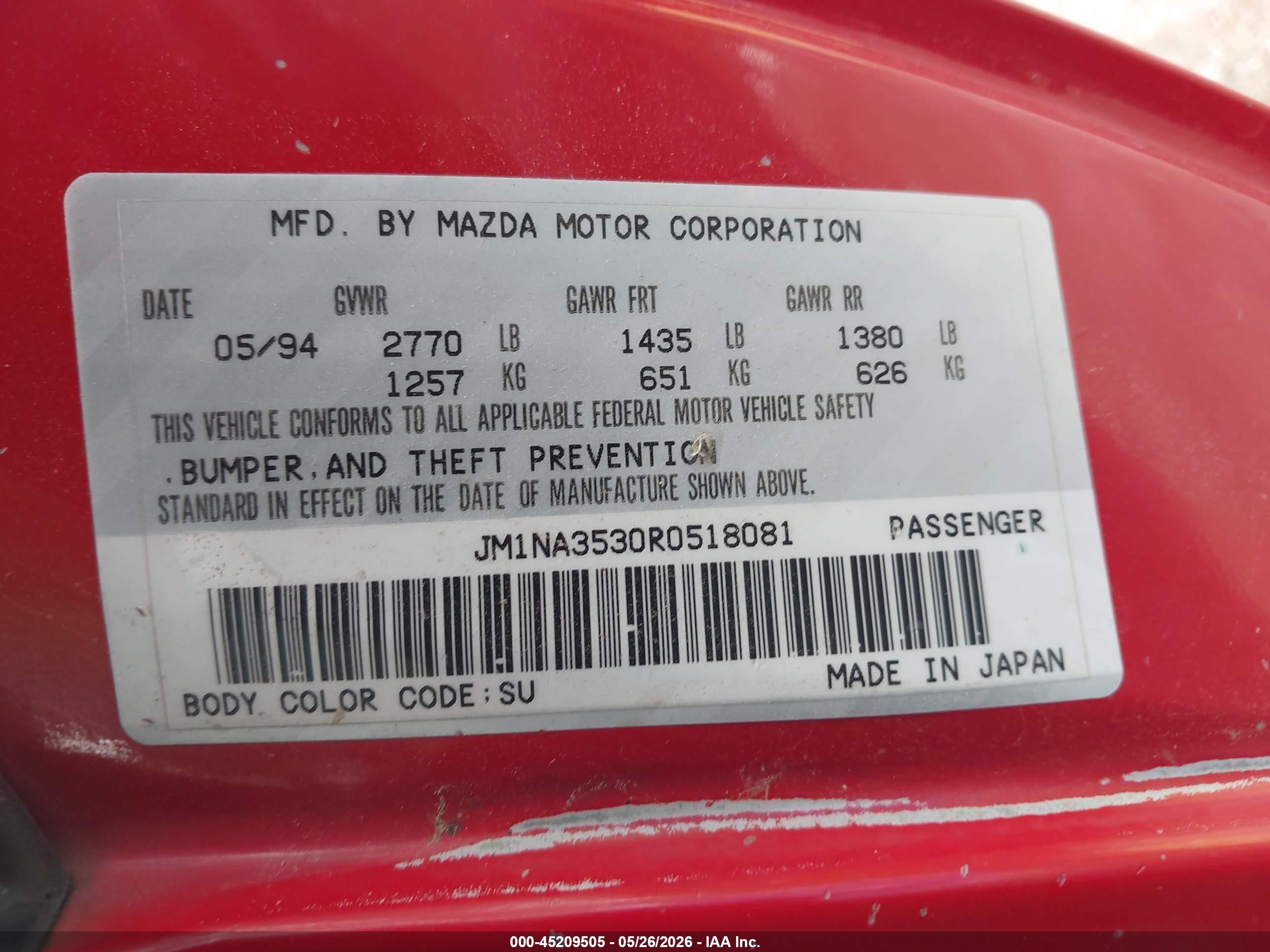 1994 Mazda Mx-5 Miata   Red vin: JM1NA3530R0518081