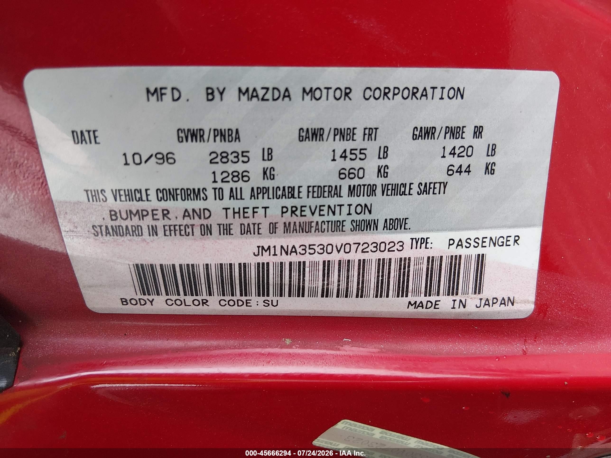 1997 Mazda Mx-5 Miata Leather Pkg/m Edition/popular Equipment Pkg/r Pkg./sto/sto-edition/touring Pkg Red vin: JM1NA3530V0723023
