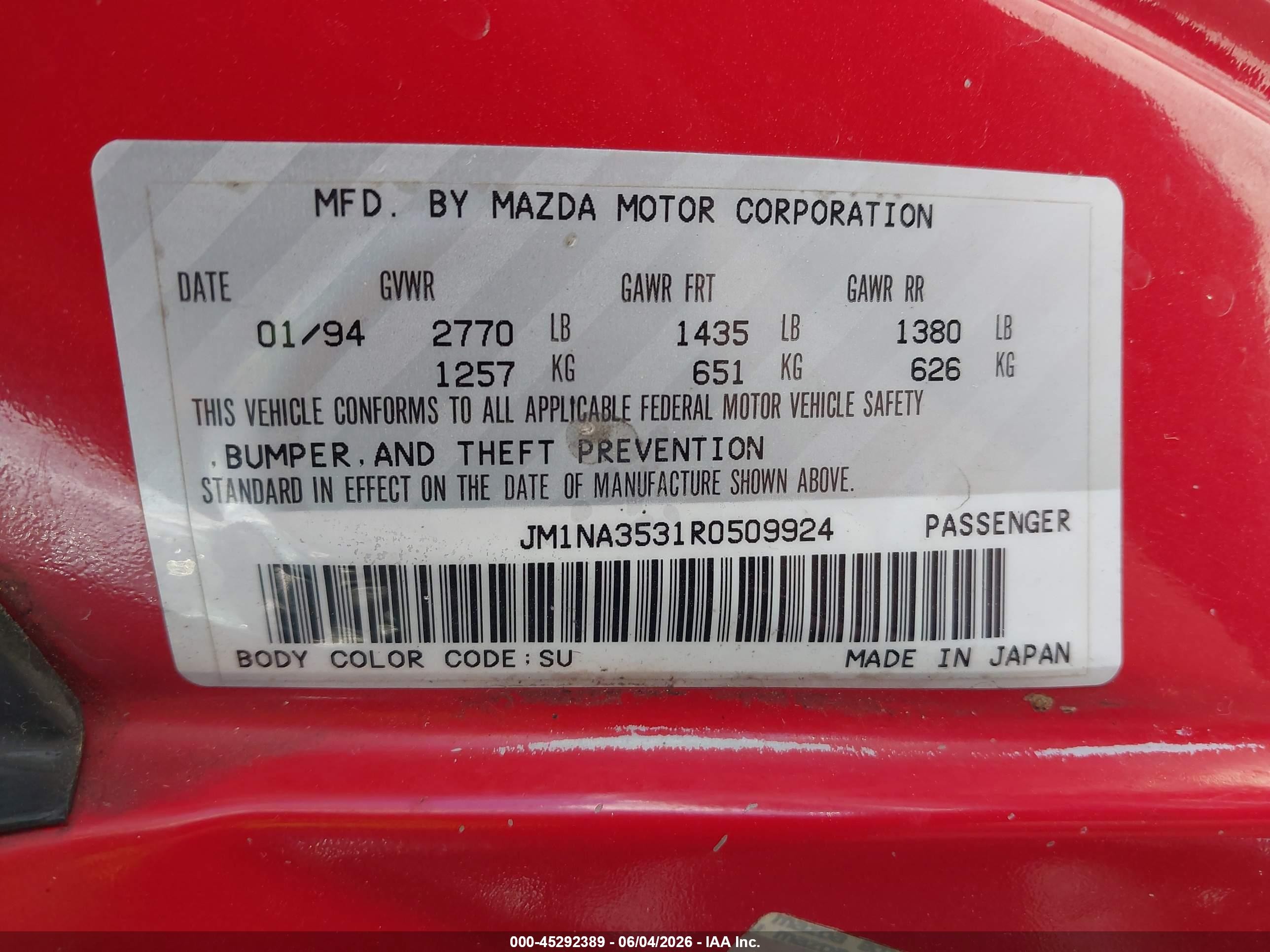 1994 Mazda Mx-5 Miata Red vin: JM1NA3531R0509924