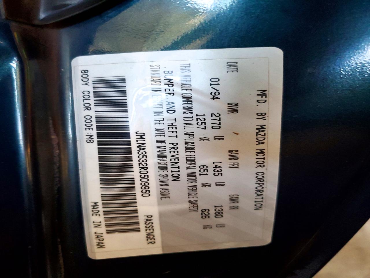 1994 Mazda Mx-5 Miata Teal vin: JM1NA3532R0509950