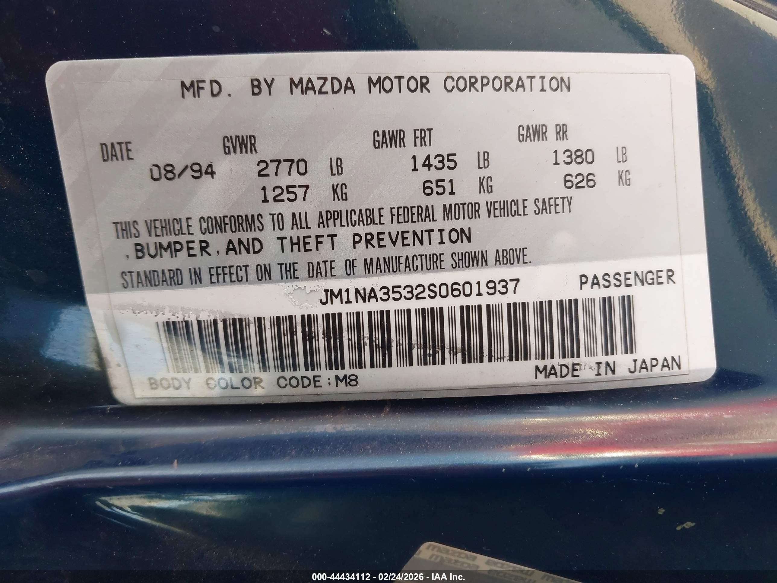 1995 Mazda Mx-5 Miata   Gray vin: JM1NA3532S0601937
