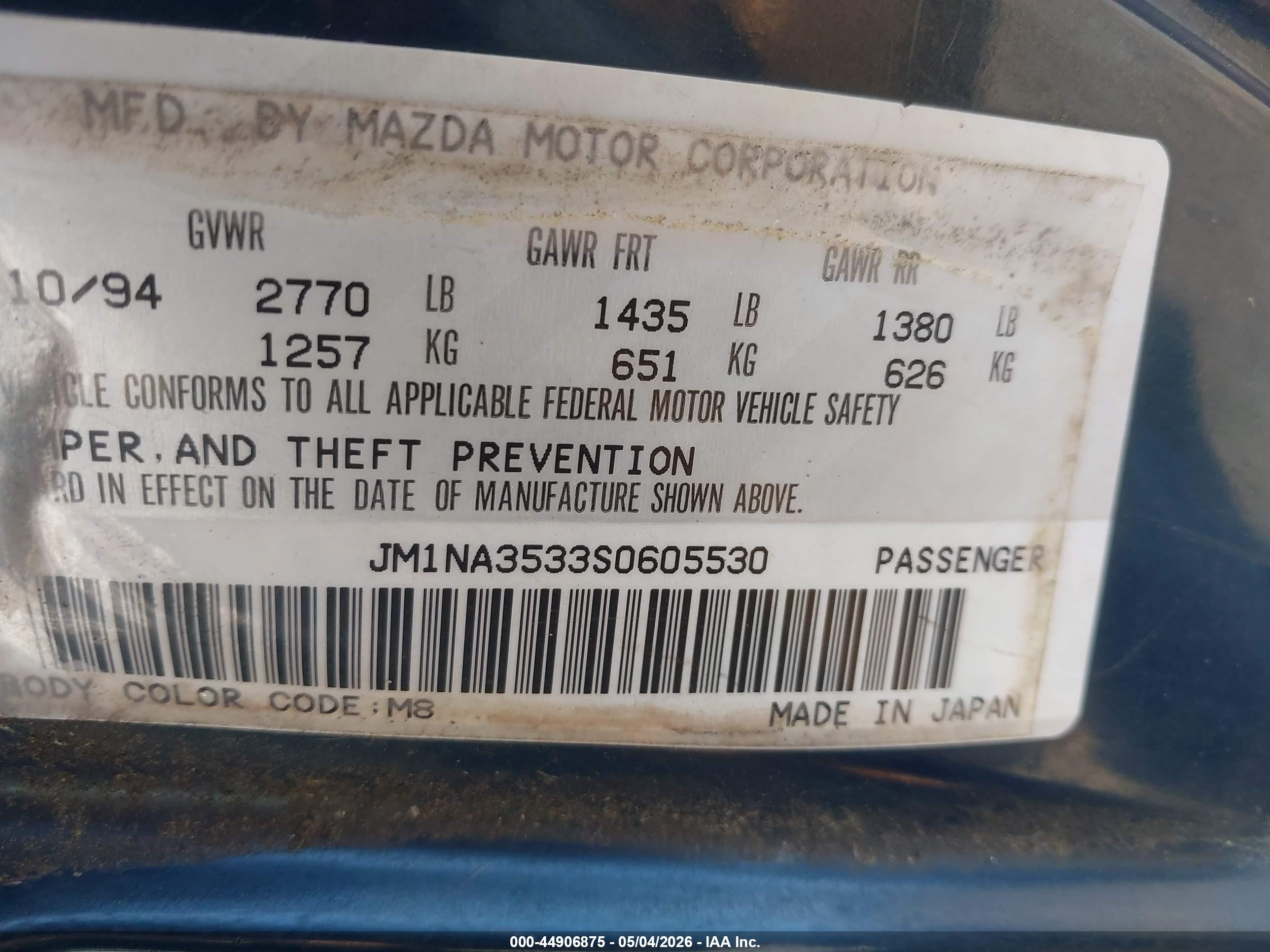 1995 Mazda Mx-5 Miata   Blue vin: JM1NA3533S0605530