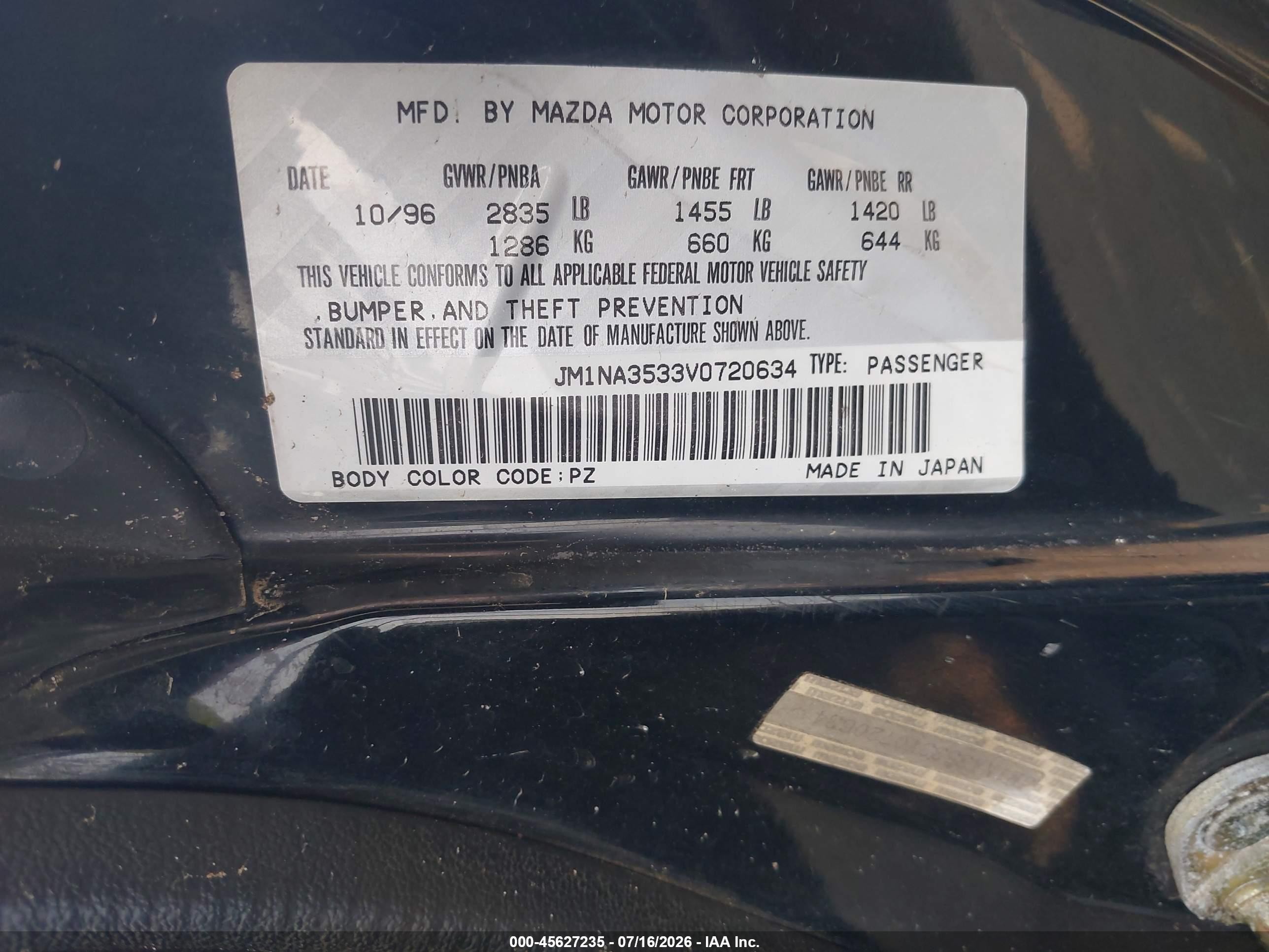 1997 Mazda Mx-5 Miata Leather Pkg/m Edition/popular Equipment Pkg/r Pkg./sto/sto-edition/touring Pkg Черный vin: JM1NA3533V0720634