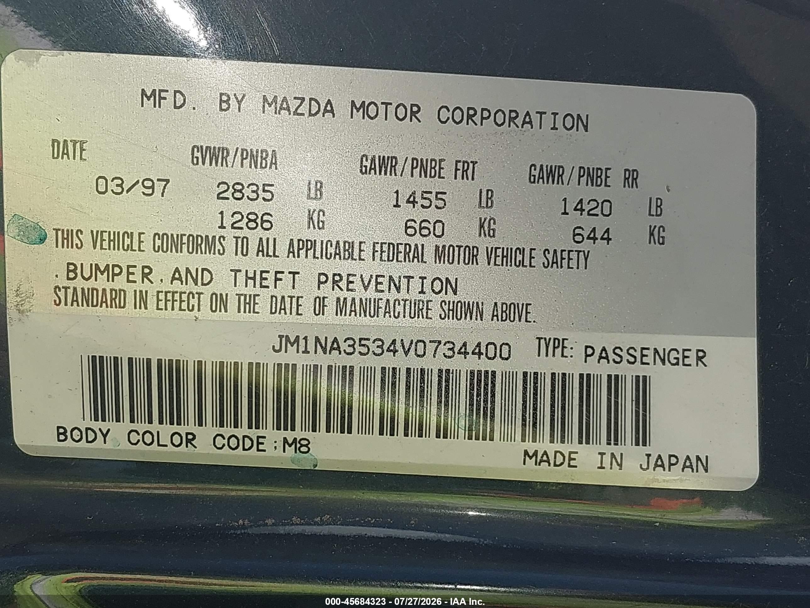 1997 Mazda Mx-5 Miata Leather Pkg/m Edition/popular Equipment Pkg/r Pkg./sto/sto-edition/touring Pkg Blue vin: JM1NA3534V0734400