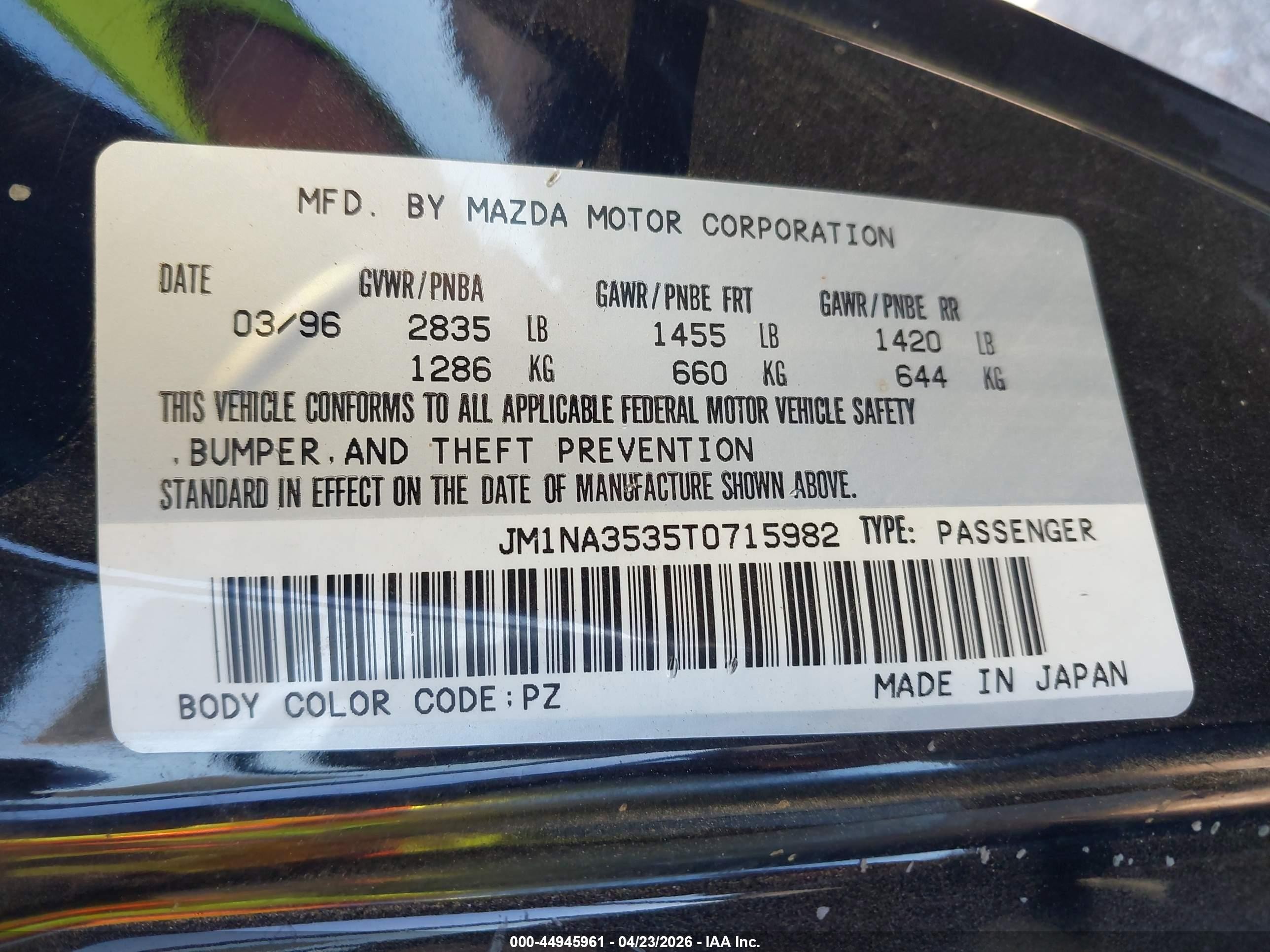 1996 Mazda Mx-5 Miata   Black vin: JM1NA3535T0715982