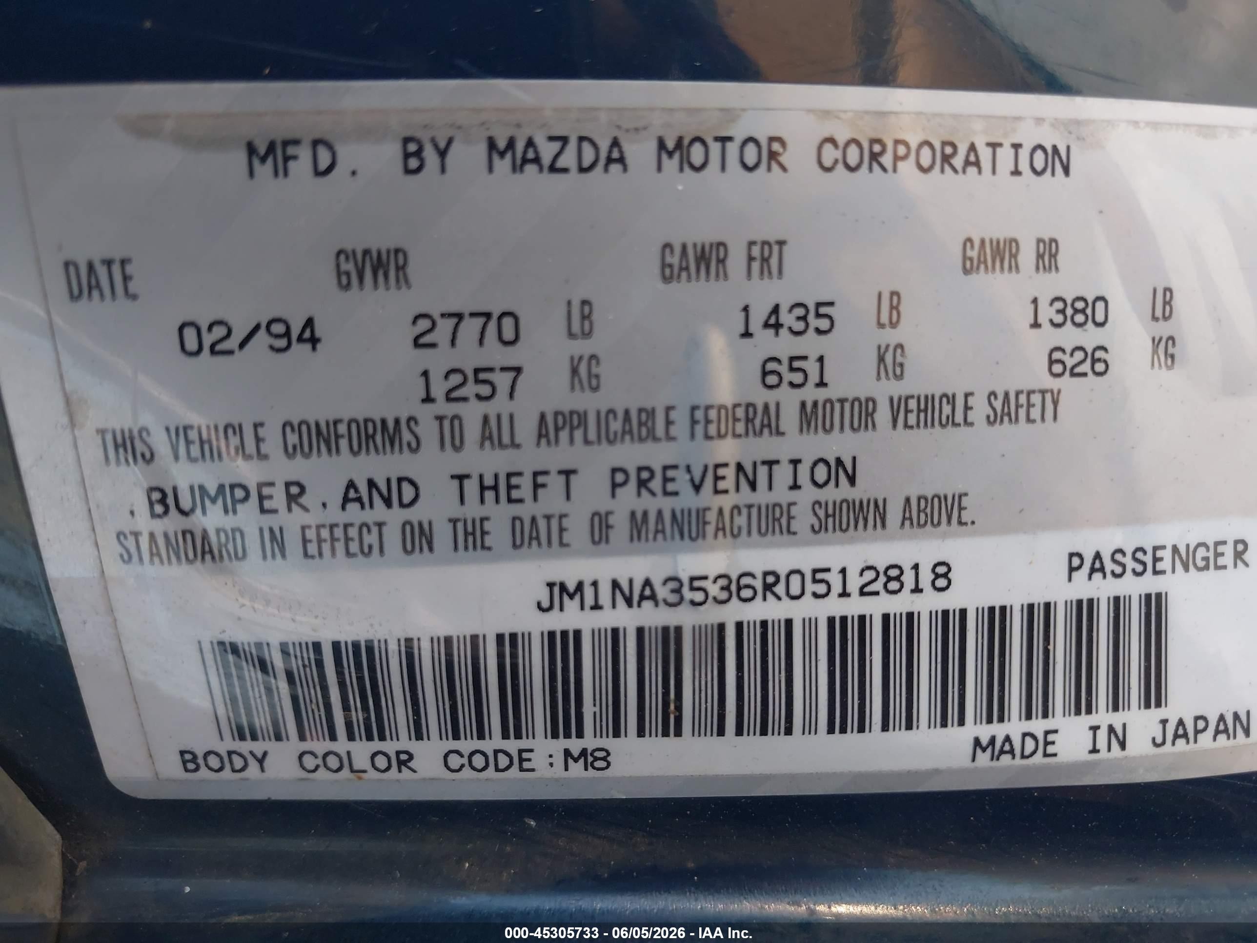 1994 Mazda Mx-5 Miata   Blue vin: JM1NA3536R0512818