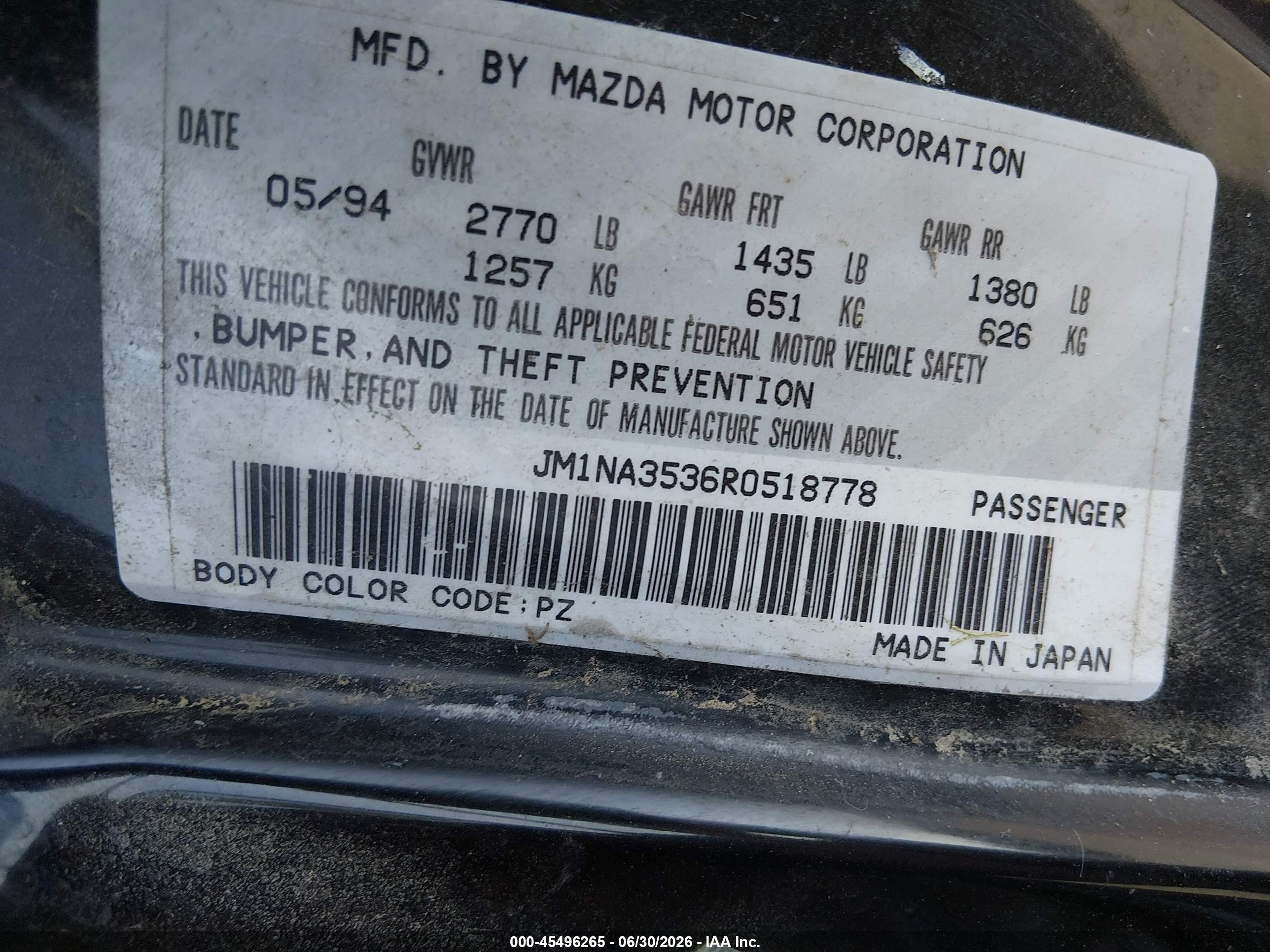 1994 Mazda Mx-5 Miata   Black vin: JM1NA3536R0518778