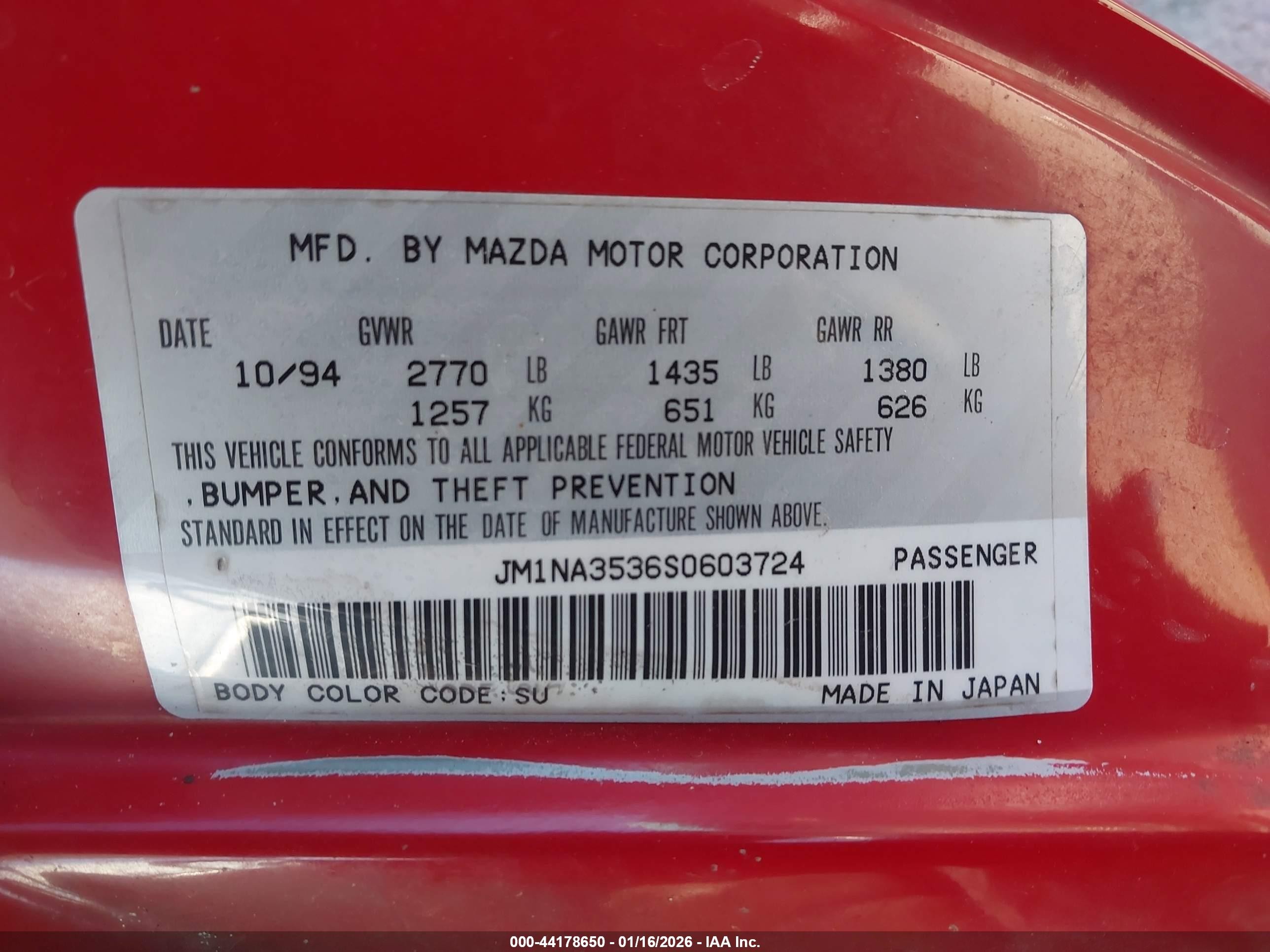 1995 Mazda Mx-5 Miata   Red vin: JM1NA3536S0603724