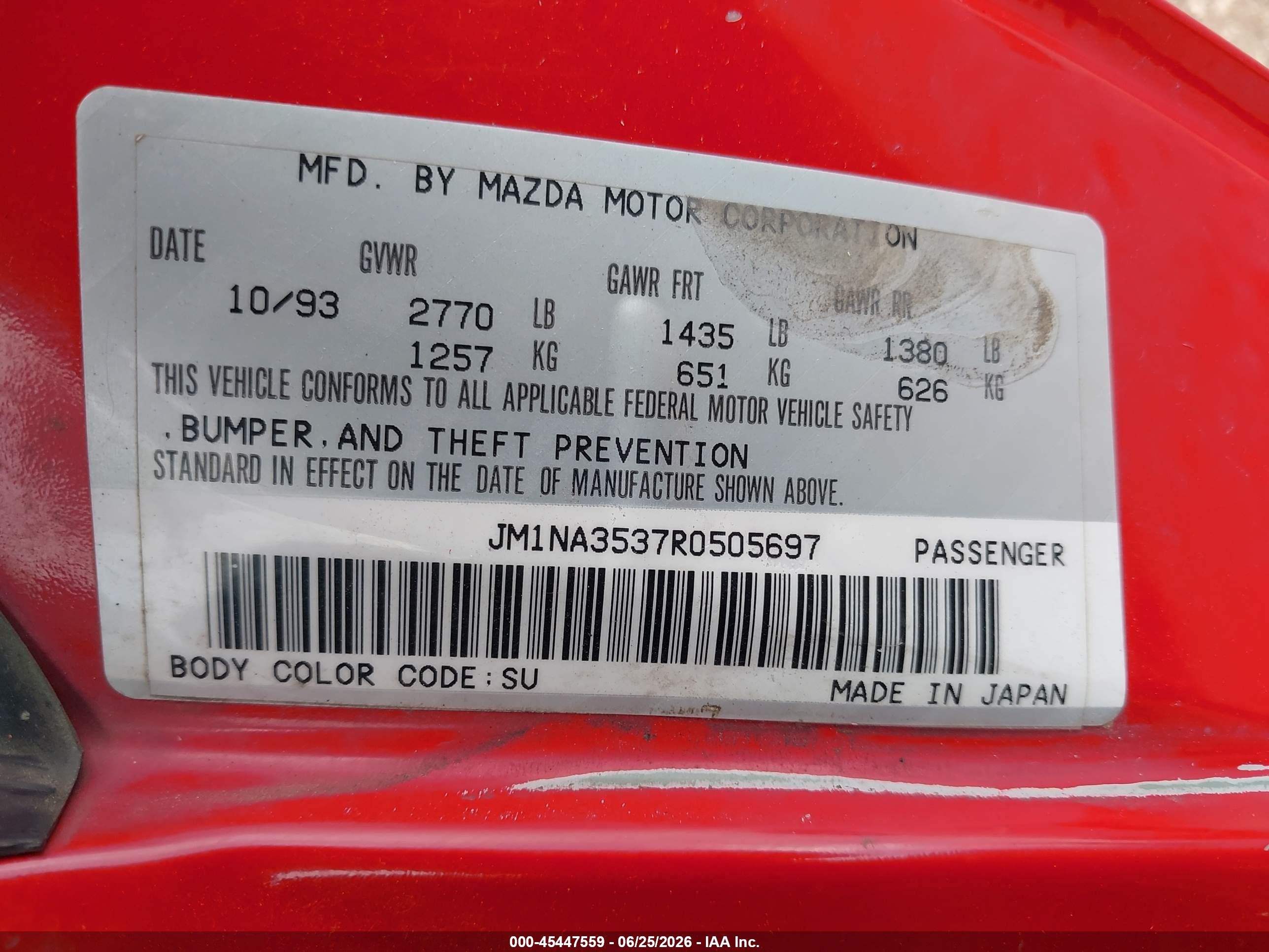 1994 Mazda Mx-5 Miata   Red vin: JM1NA3537R0505697