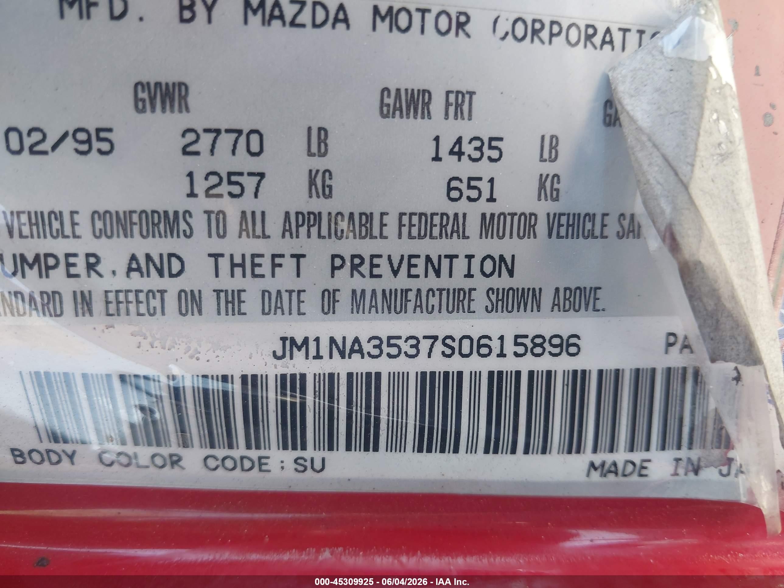 1995 Mazda Mx-5 Miata   Red vin: JM1NA3537S0615896