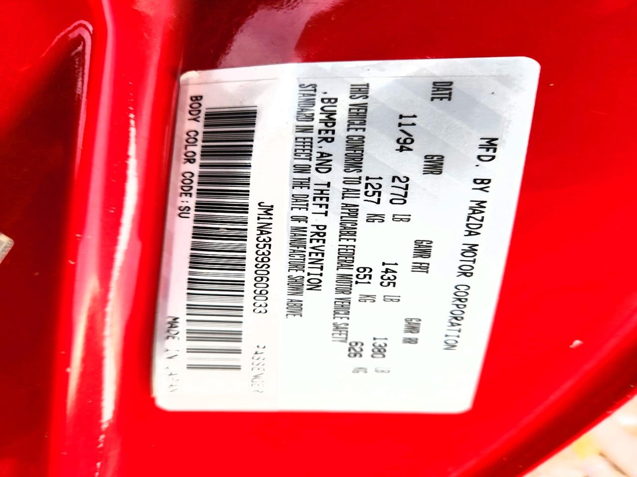 1995 Mazda Mx-5 Miata Red vin: JM1NA3539S0609033