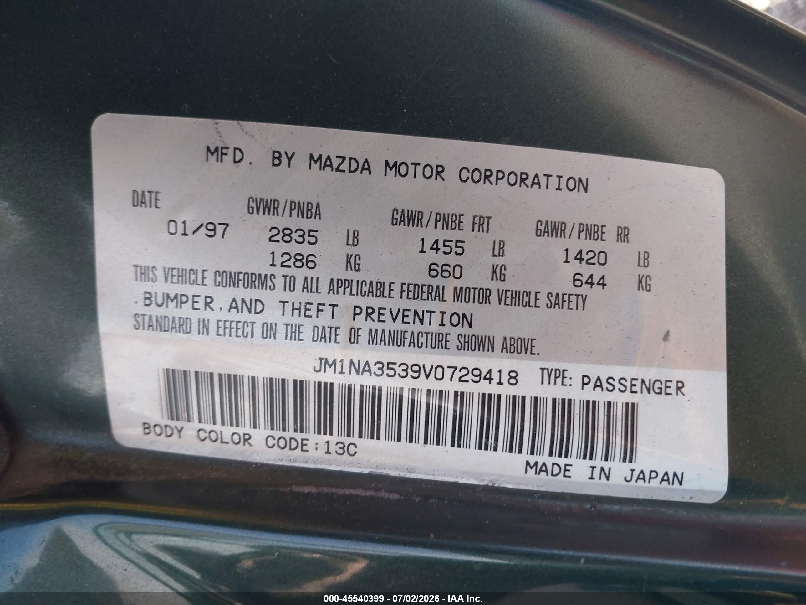 1997 Mazda Mx-5 Miata Leather Pkg/m Edition/popular Equipment Pkg/r Pkg./sto/sto-edition/touring Pkg Green vin: JM1NA3539V0729418