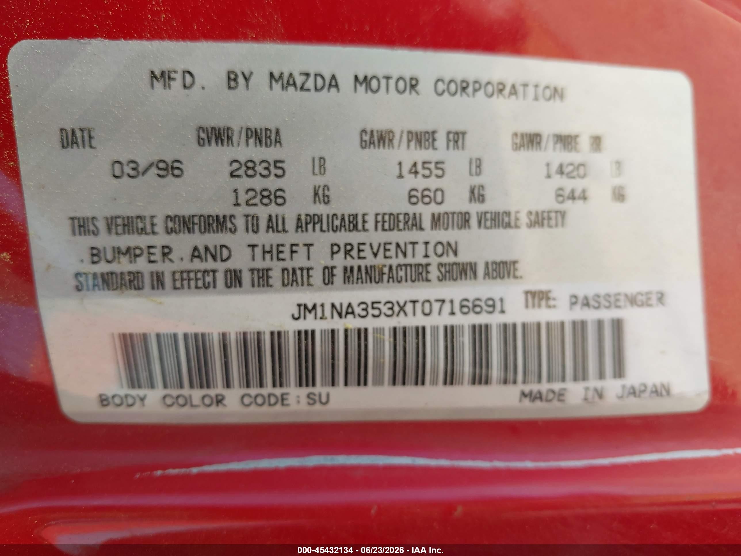 1996 Mazda Mx-5 Miata   Red vin: JM1NA353XT0716691