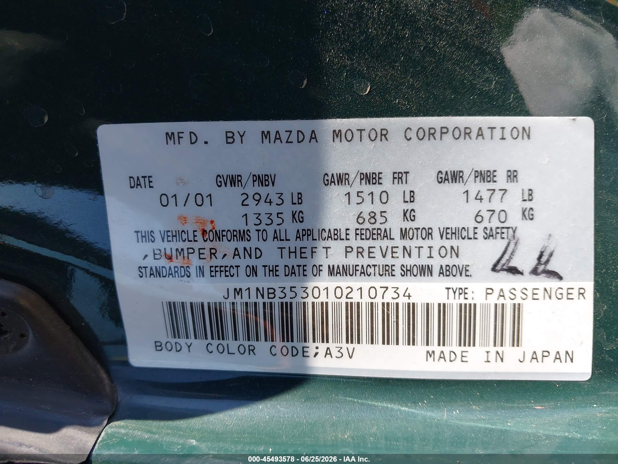 2001 Mazda Mx-5 Miata Ls/special Edition Green vin: JM1NB353010210734