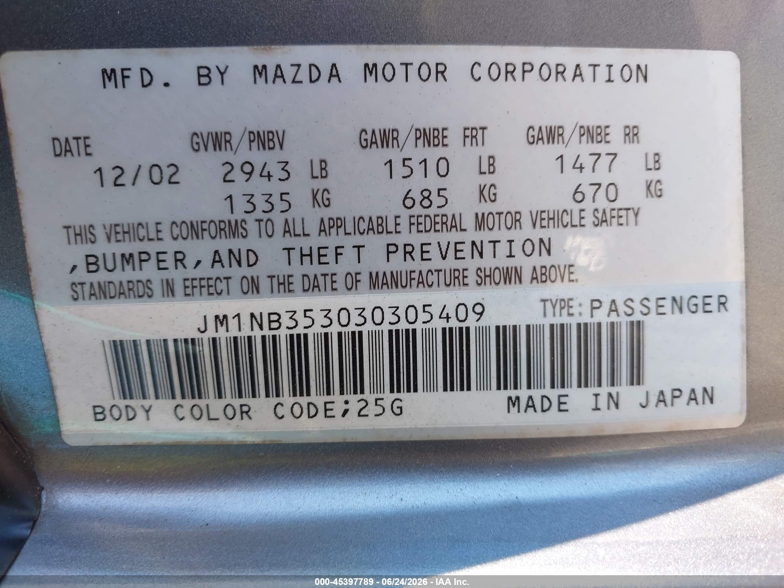 2003 Mazda Mx-5 Miata Cloth/ls/se/shinsen Gray vin: JM1NB353030305409